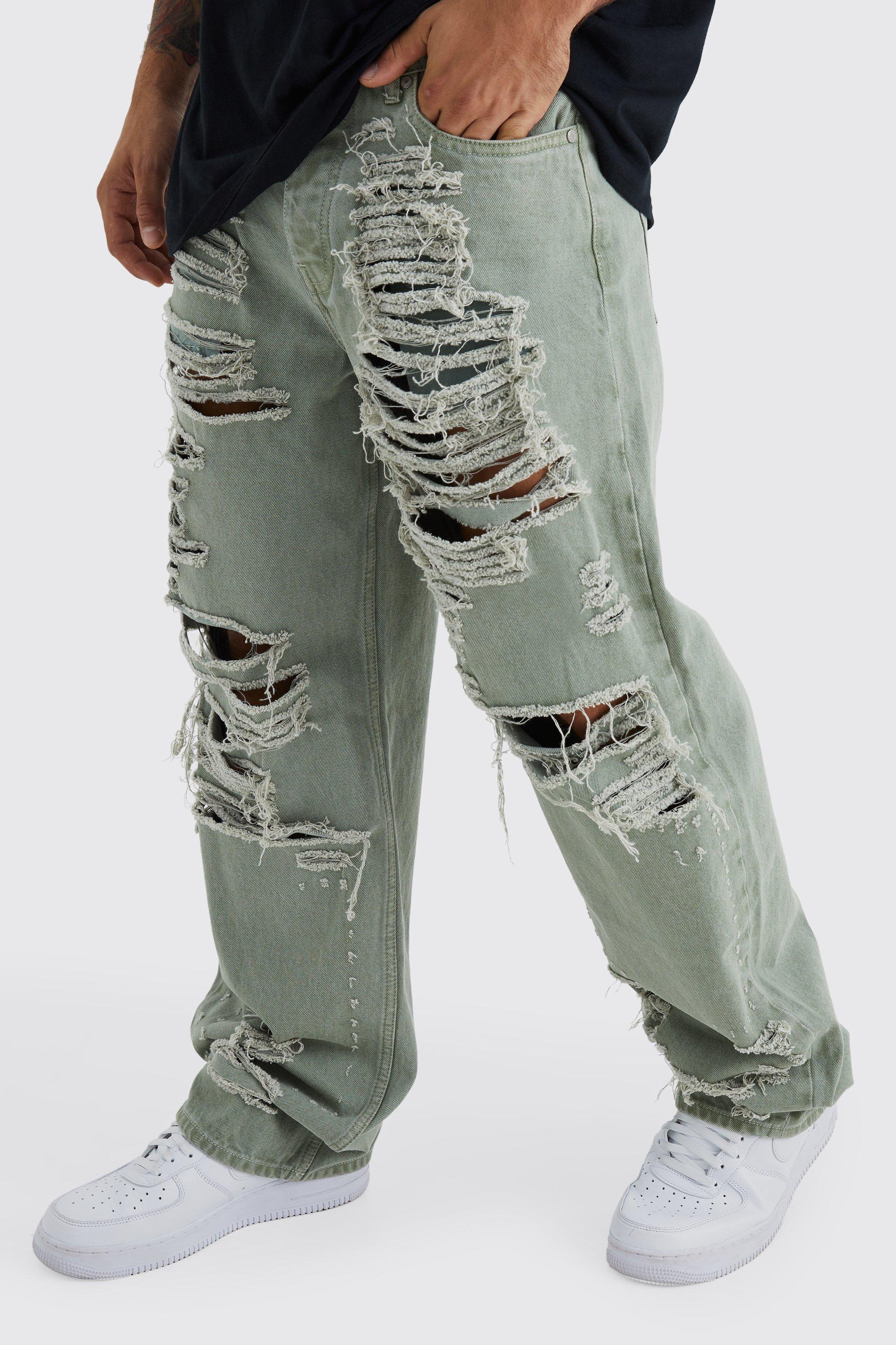 Mens Green Baggy Rigid All Over Ripped Jeans, Green