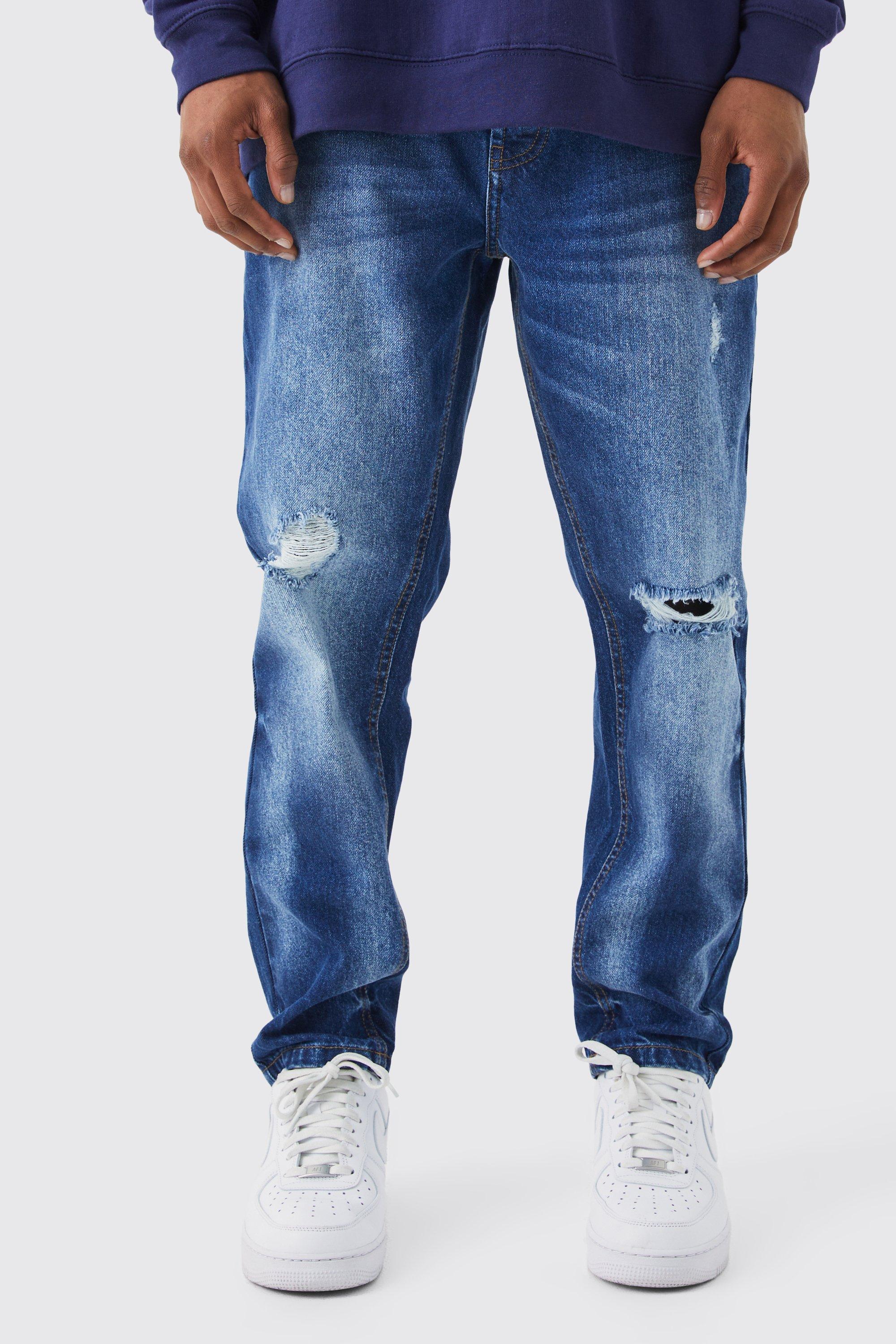 Mens Blue Tapered Rigid Ripped Knee Jeans, Blue