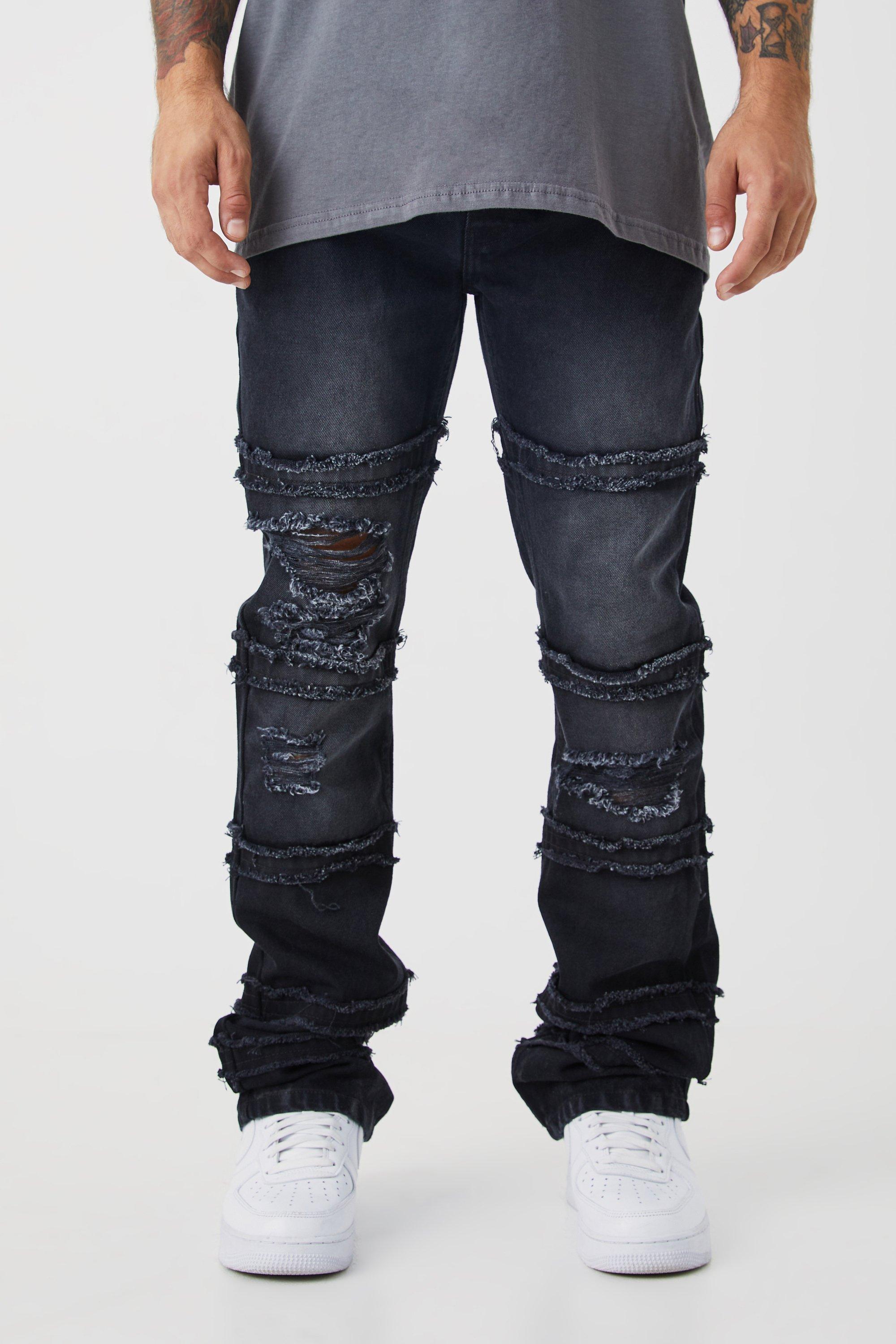 Mens Black Slim Rigid Flare Frayed Panelled Ripped Jeans, Black
