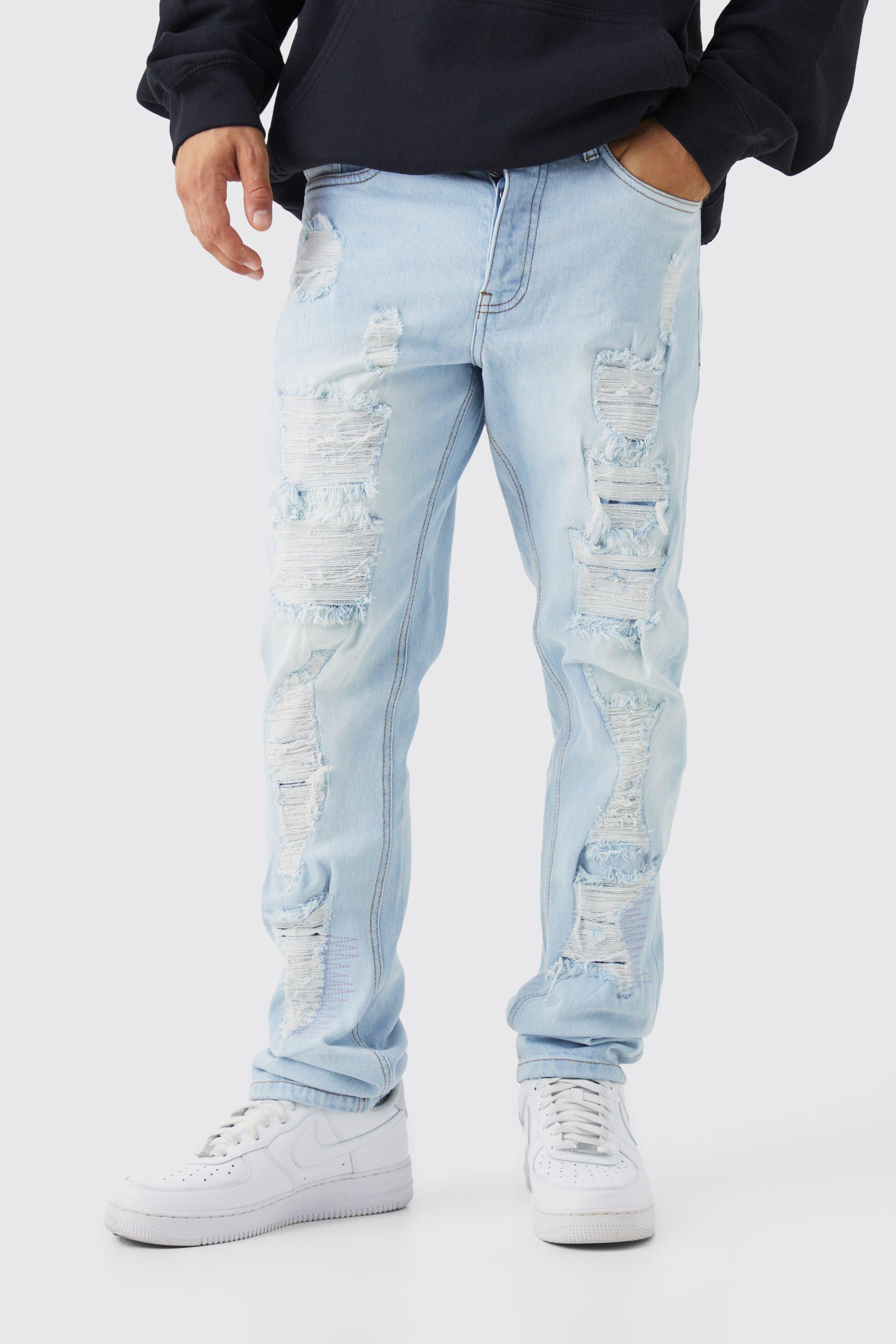 Mens Blue Straight Rigid All Over Rip & Repair Jeans, Blue