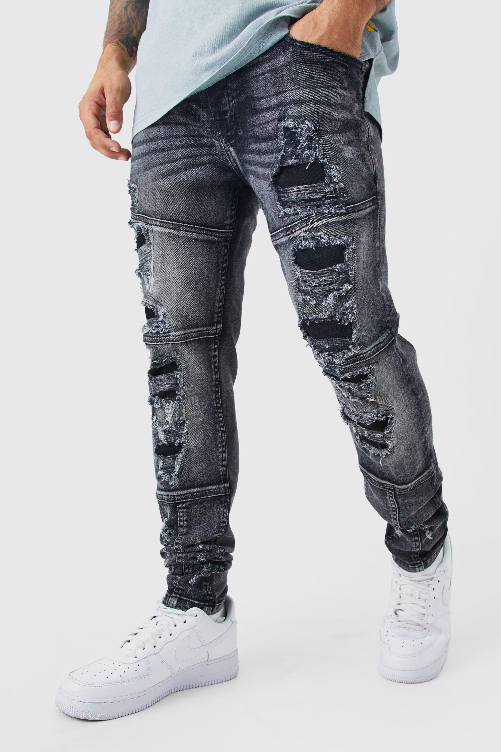 Image of Jeans Skinny Fit in Stretch con strappi & rattoppi all over, Nero