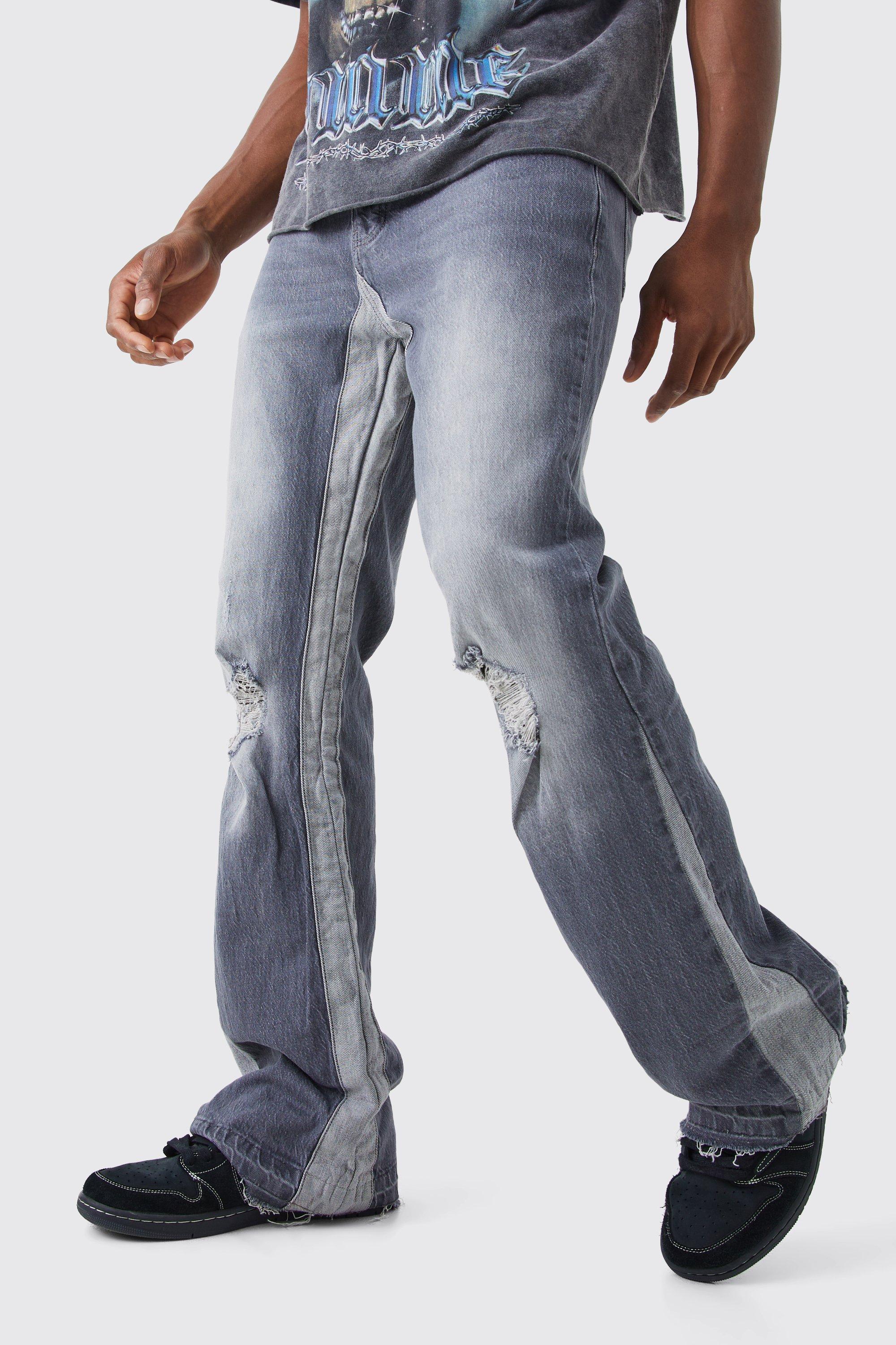 Image of Jeans rilassati in denim rigido slavato con inserti a zampa e strappi, Grigio