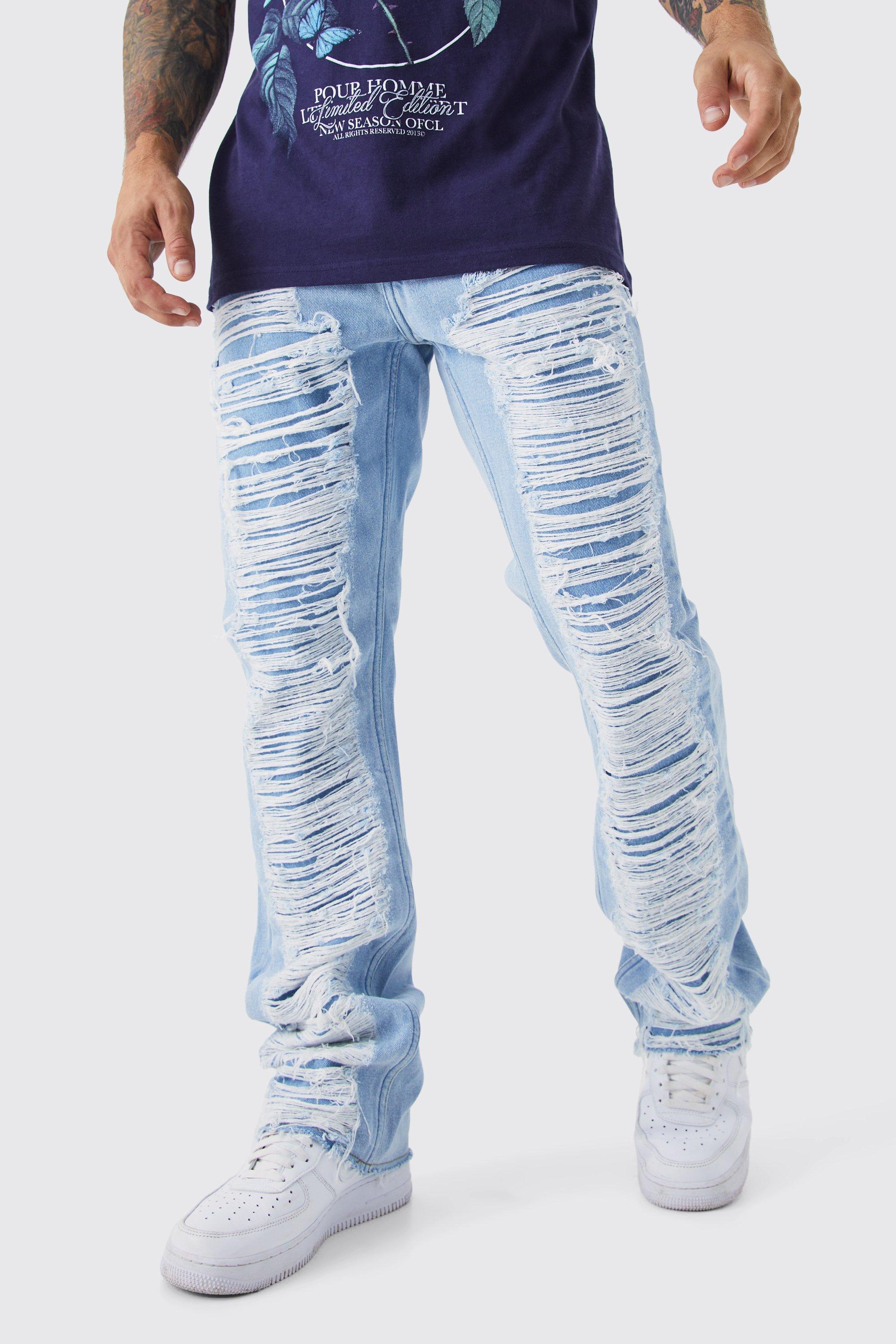 Mens Blue Slim Rigid Flare Extreme Ripped Jeans, Blue