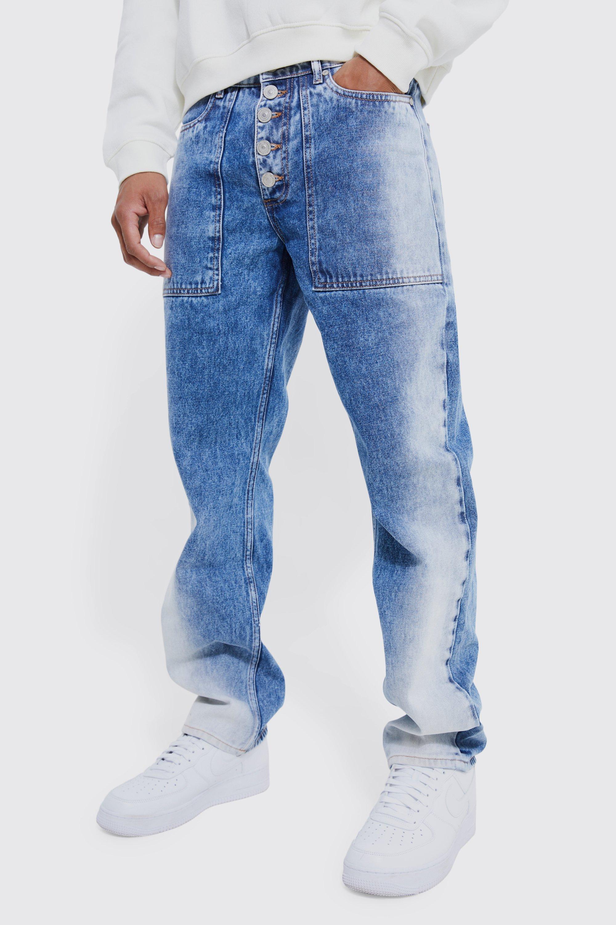 Mens Blue Relaxed Rigid Acid Wash Jeans, Blue