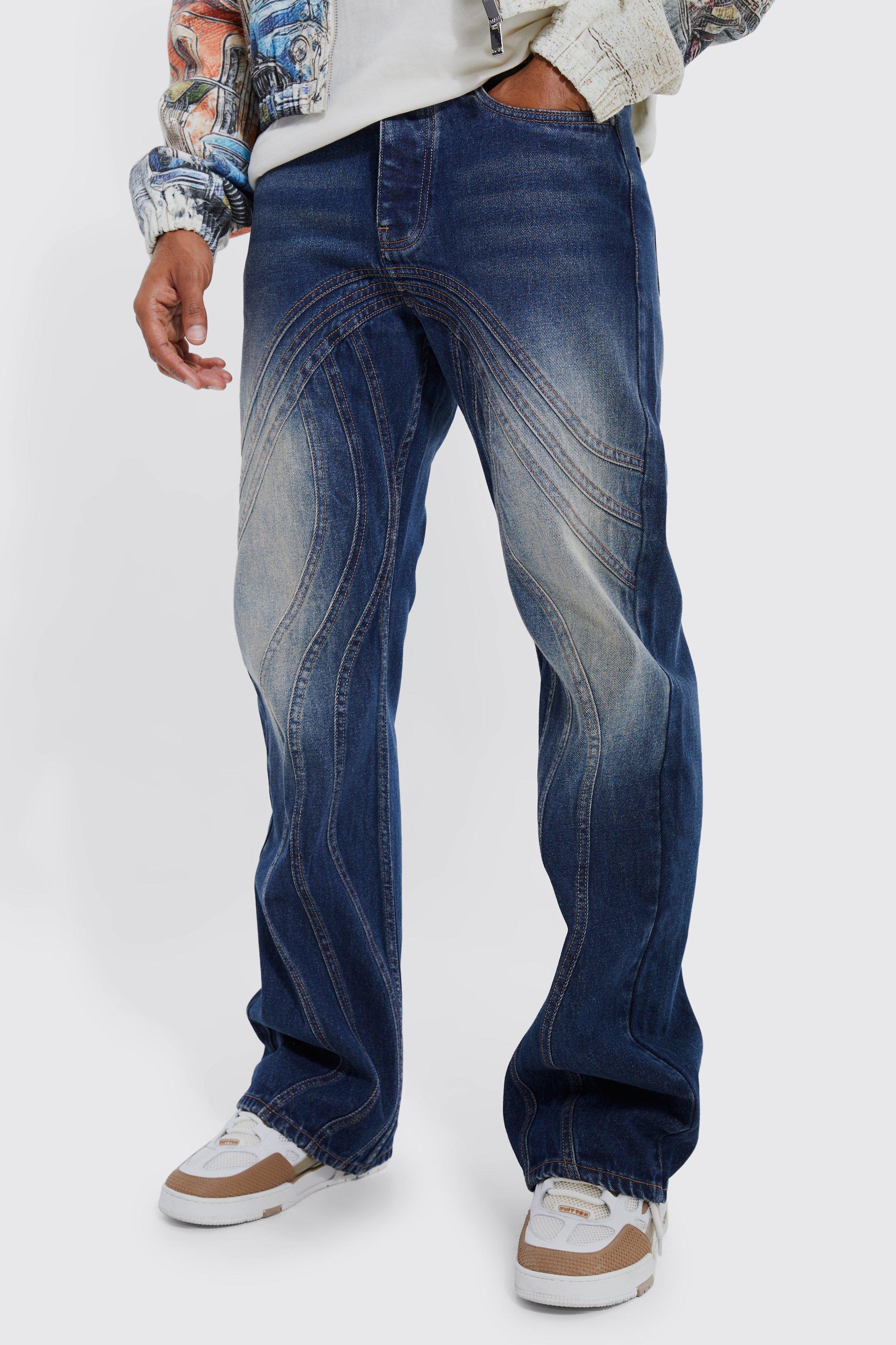 Image of Jeans rilassati in denim rigido a zampa con pannelli colorati, Grigio