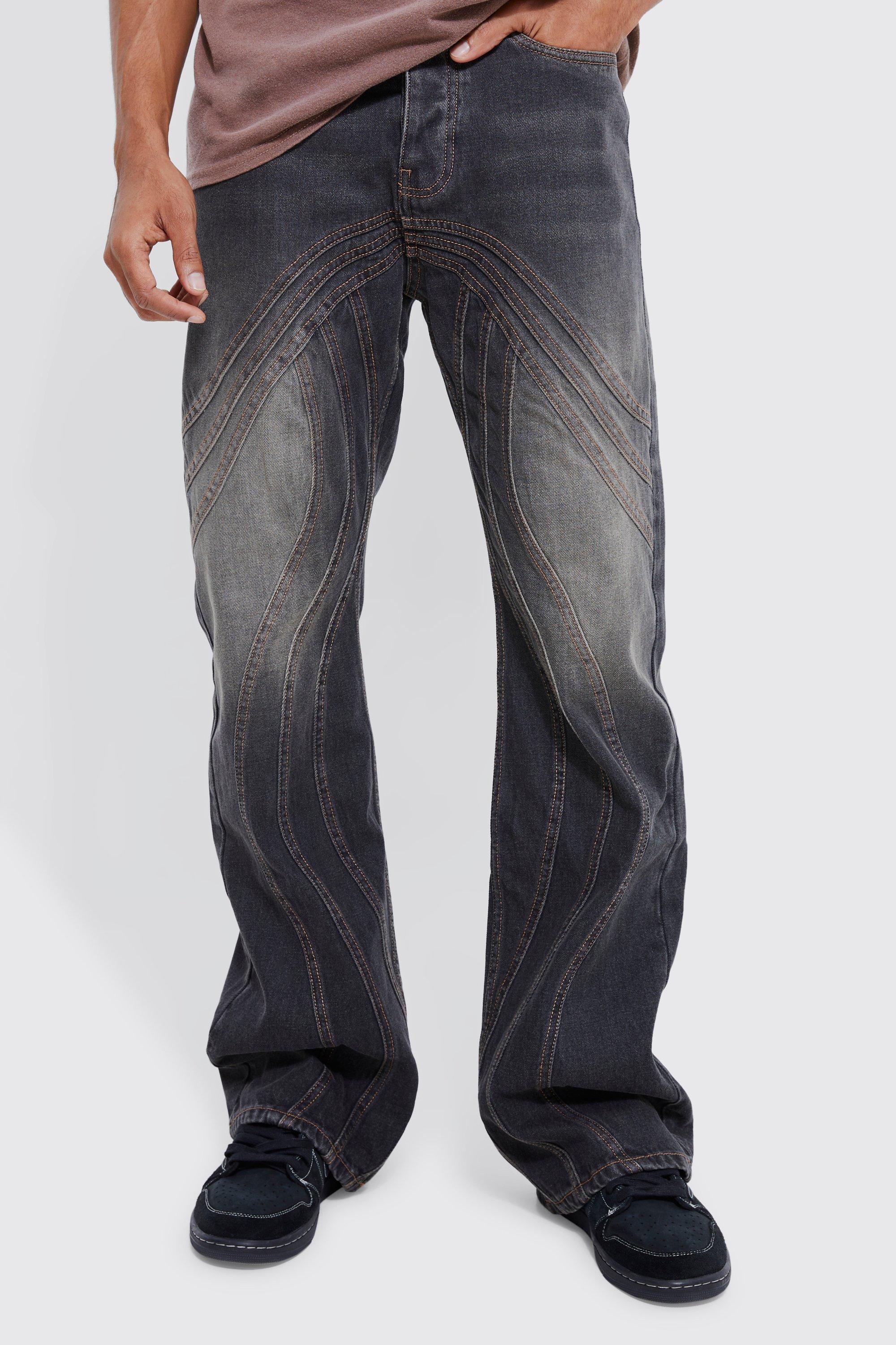 Image of Jeans rilassati in denim rigido a zampa con pannelli colorati, Grigio