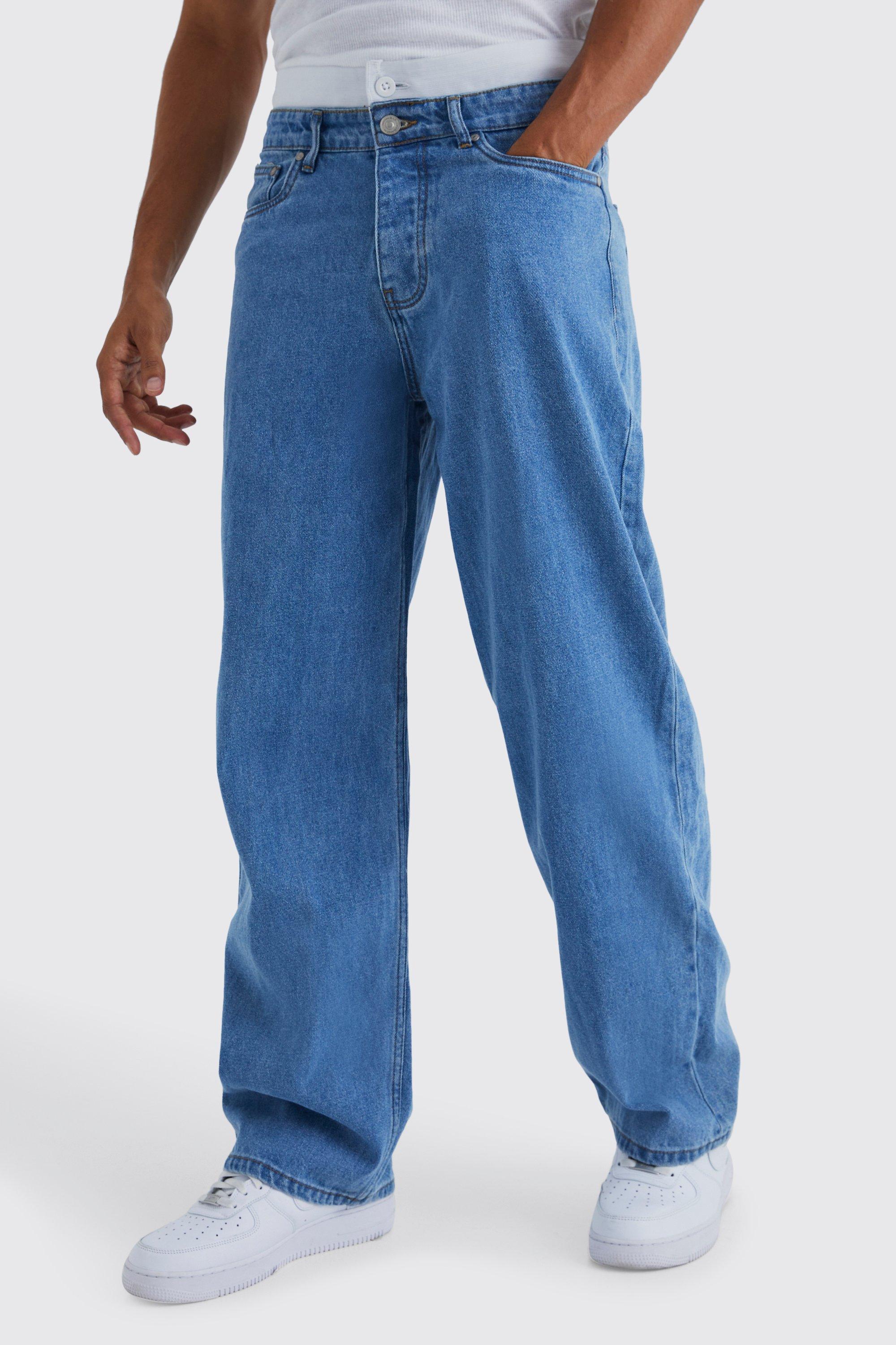 Image of Jeans extra comodi in denim rigido con doppia fascia in vita, Azzurro
