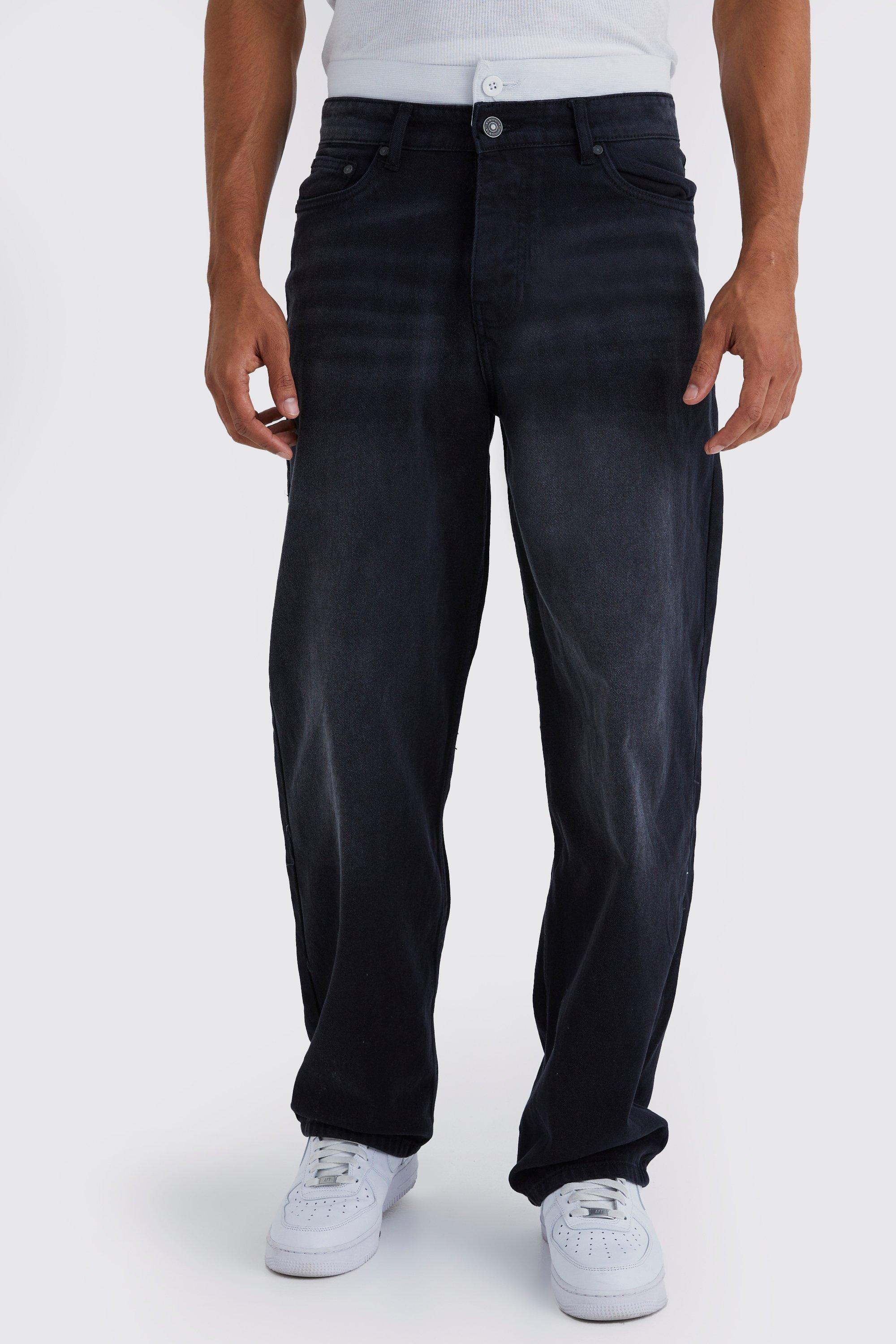 Image of Jeans extra comodi in denim rigido con doppia fascia in vita, Nero