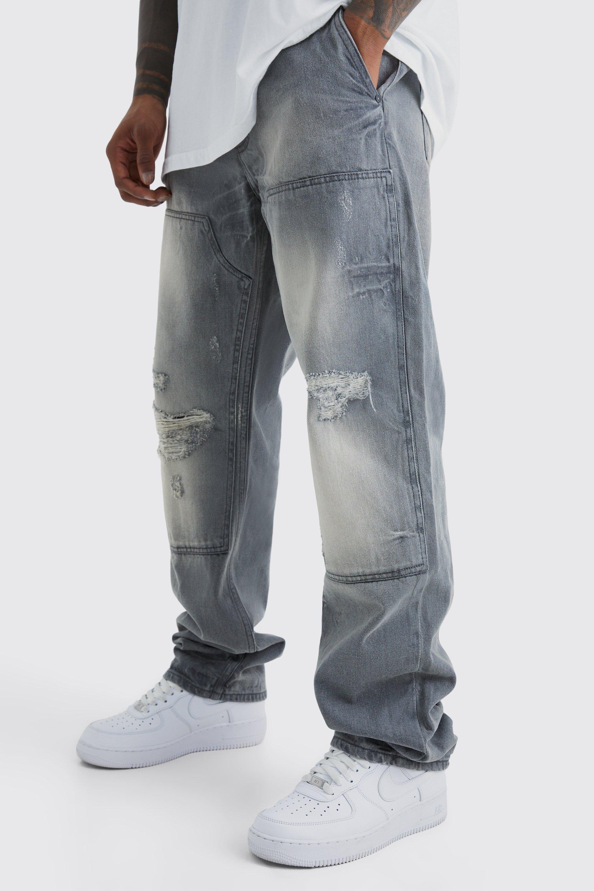 Image of Jeans rilassati in denim rigido stile Carpenter in lavaggio sporco, Grigio