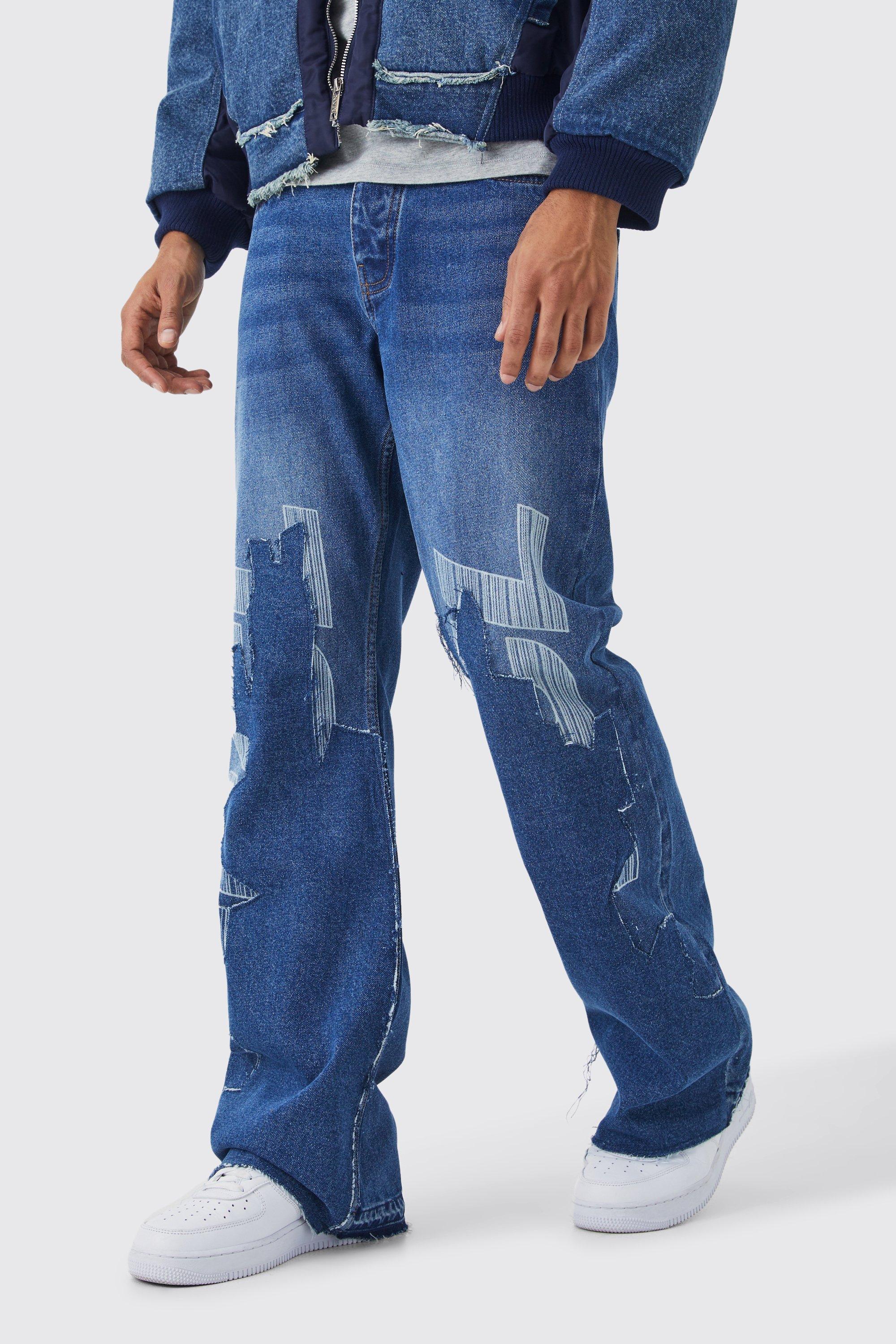 Boohoo Onbewerkte Offcl Flared Baggy Jeans, Mid Blue