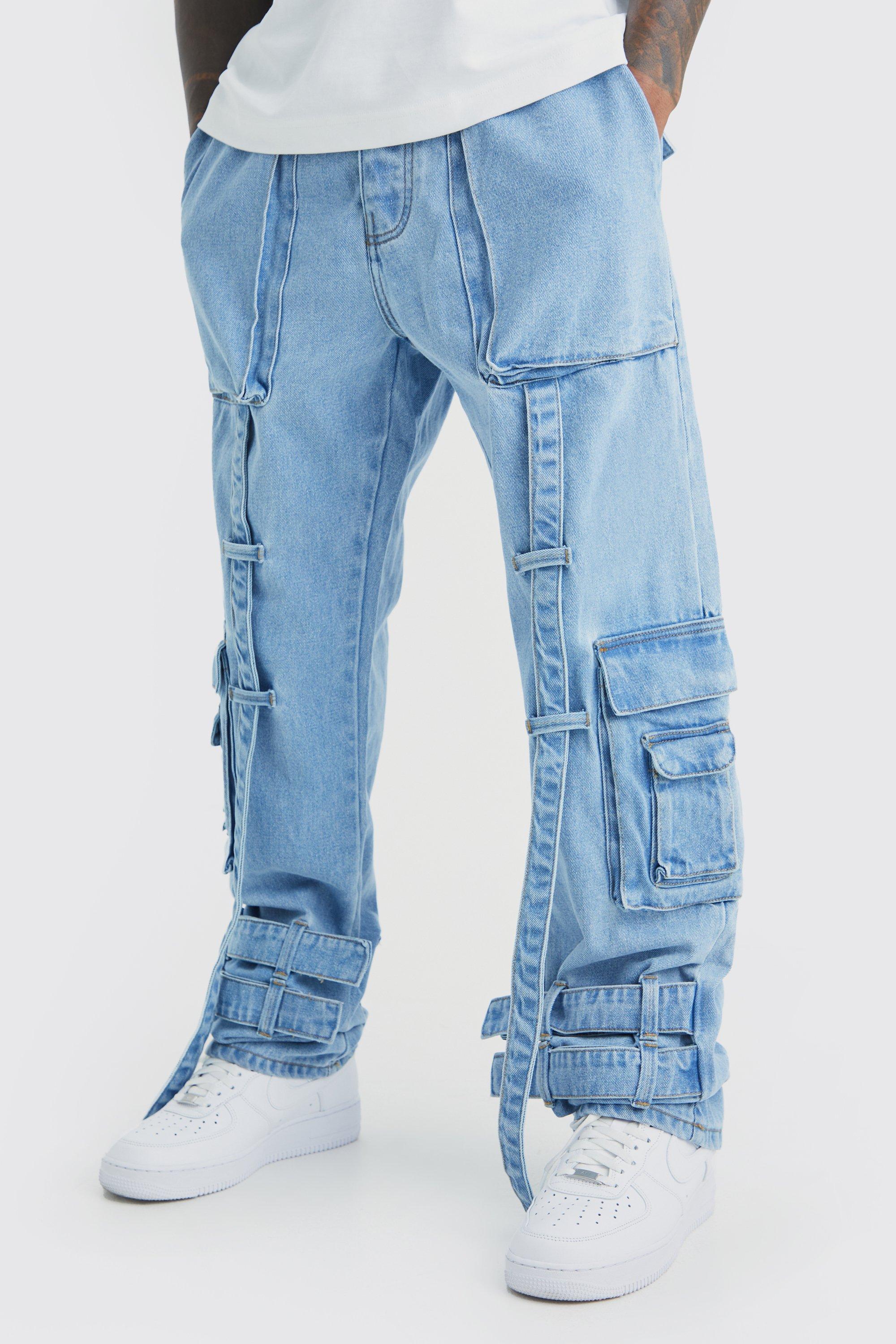 Image of Jeans Cargo rilassati in denim rigido con vita elasticizzata, Azzurro