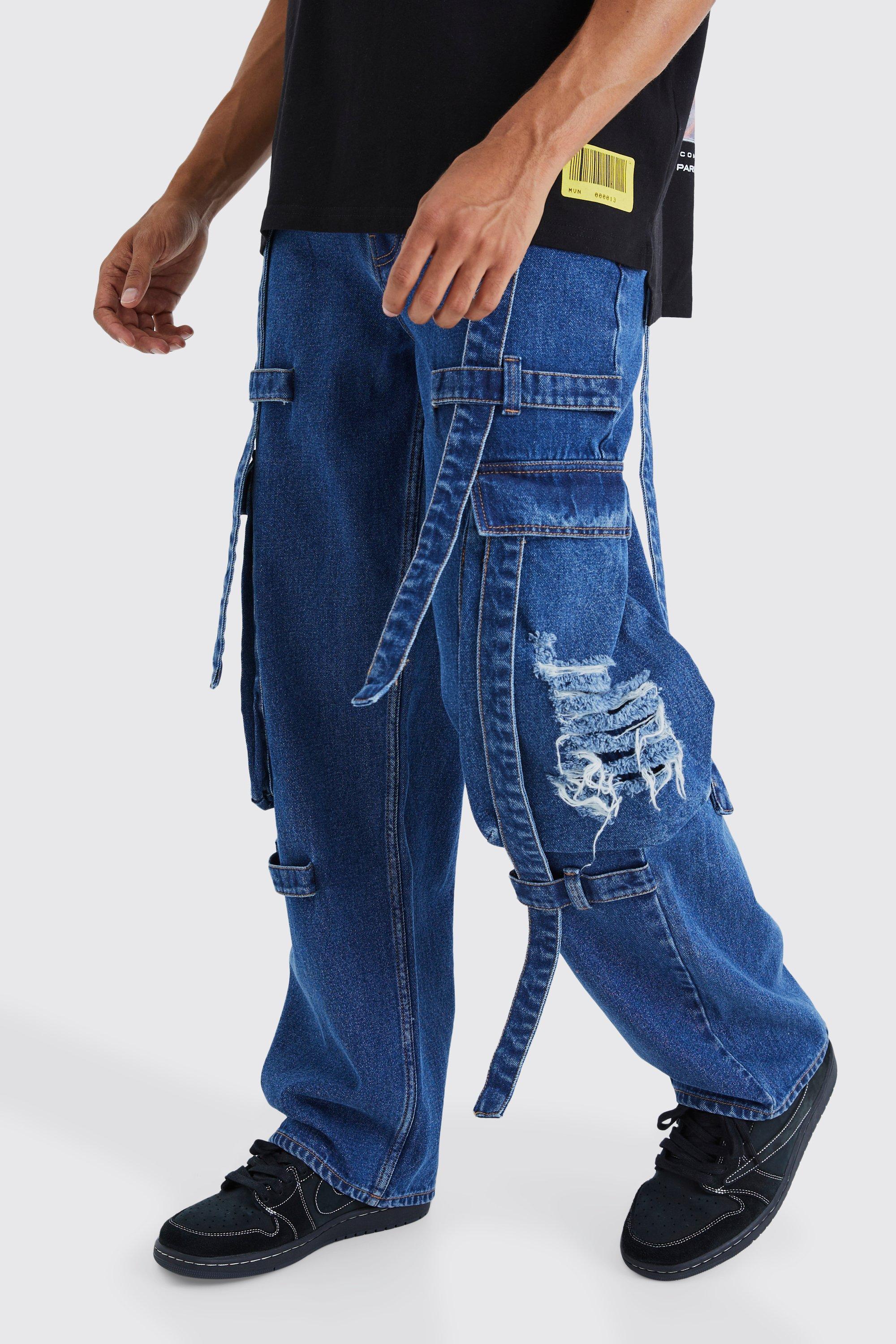 Image of Jeans Cargo extra comodi con spalline rigide e smagliature, Azzurro