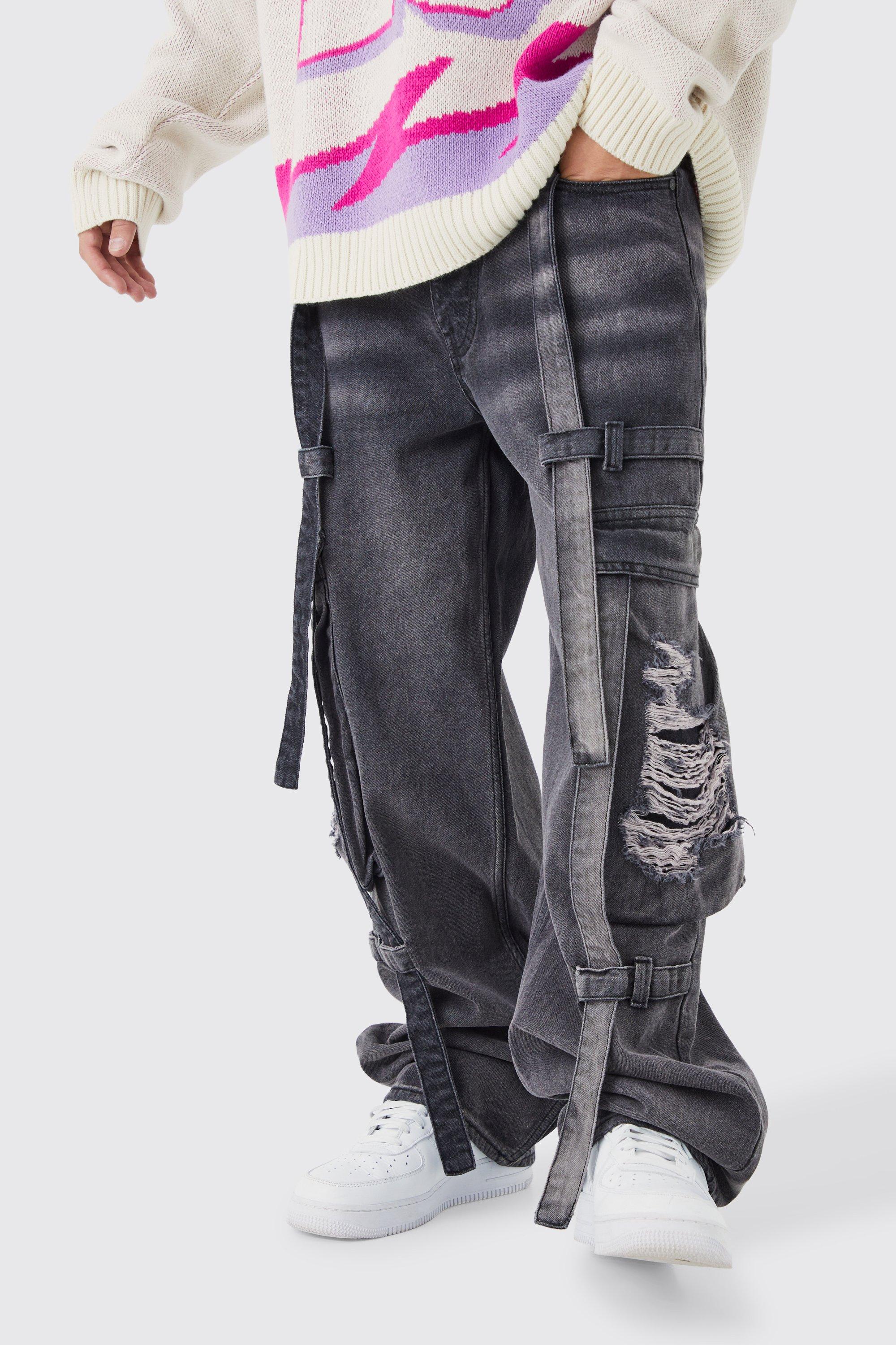 Mens Purple Baggy Rigid Strap Detail Distressed Cargo Jeans, Purple
