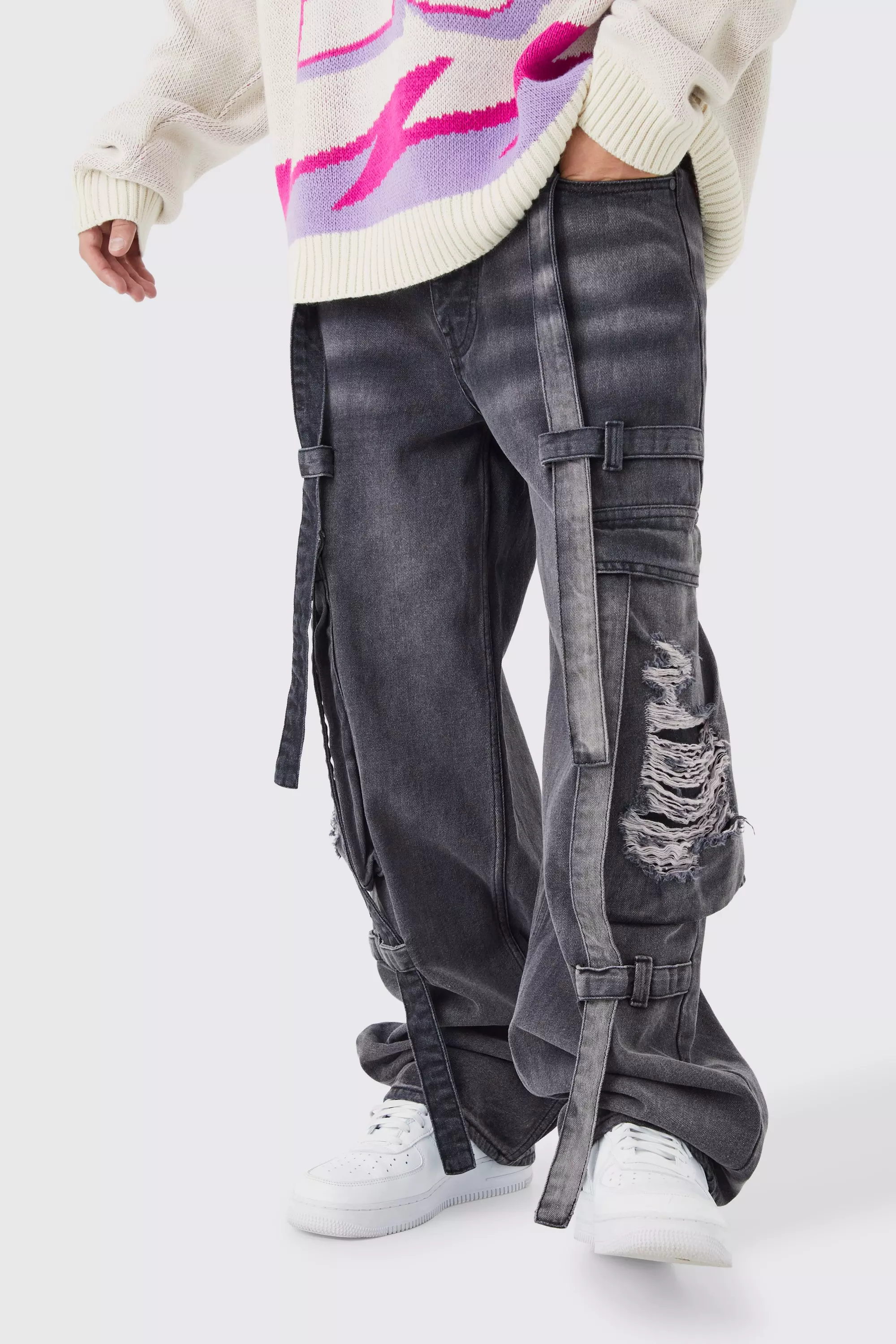 Straight-Leg Distressed Cargo Jeans