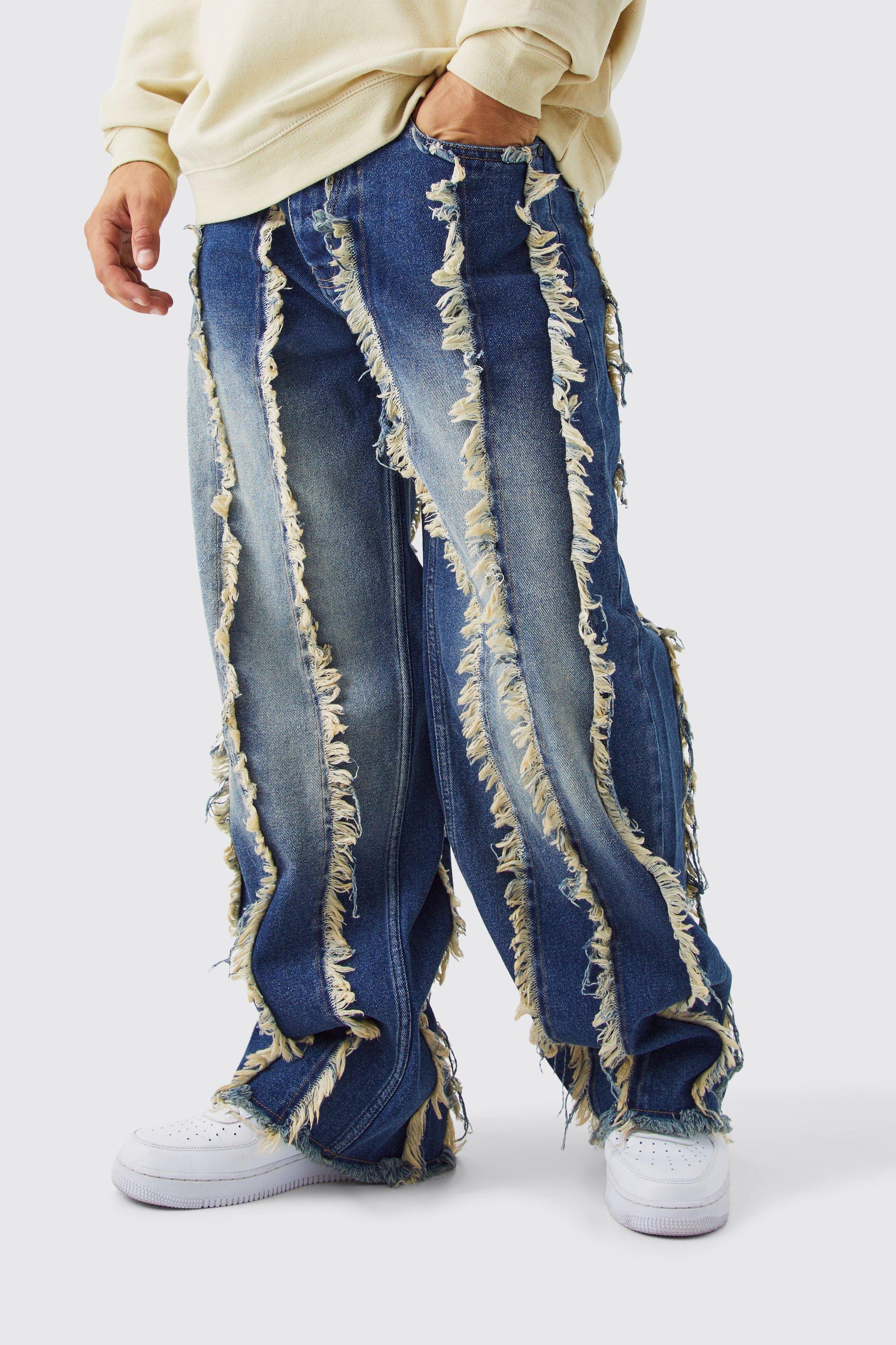 Image of Jeans extra comodi in denim rigido con fondo sfilacciato, Grigio