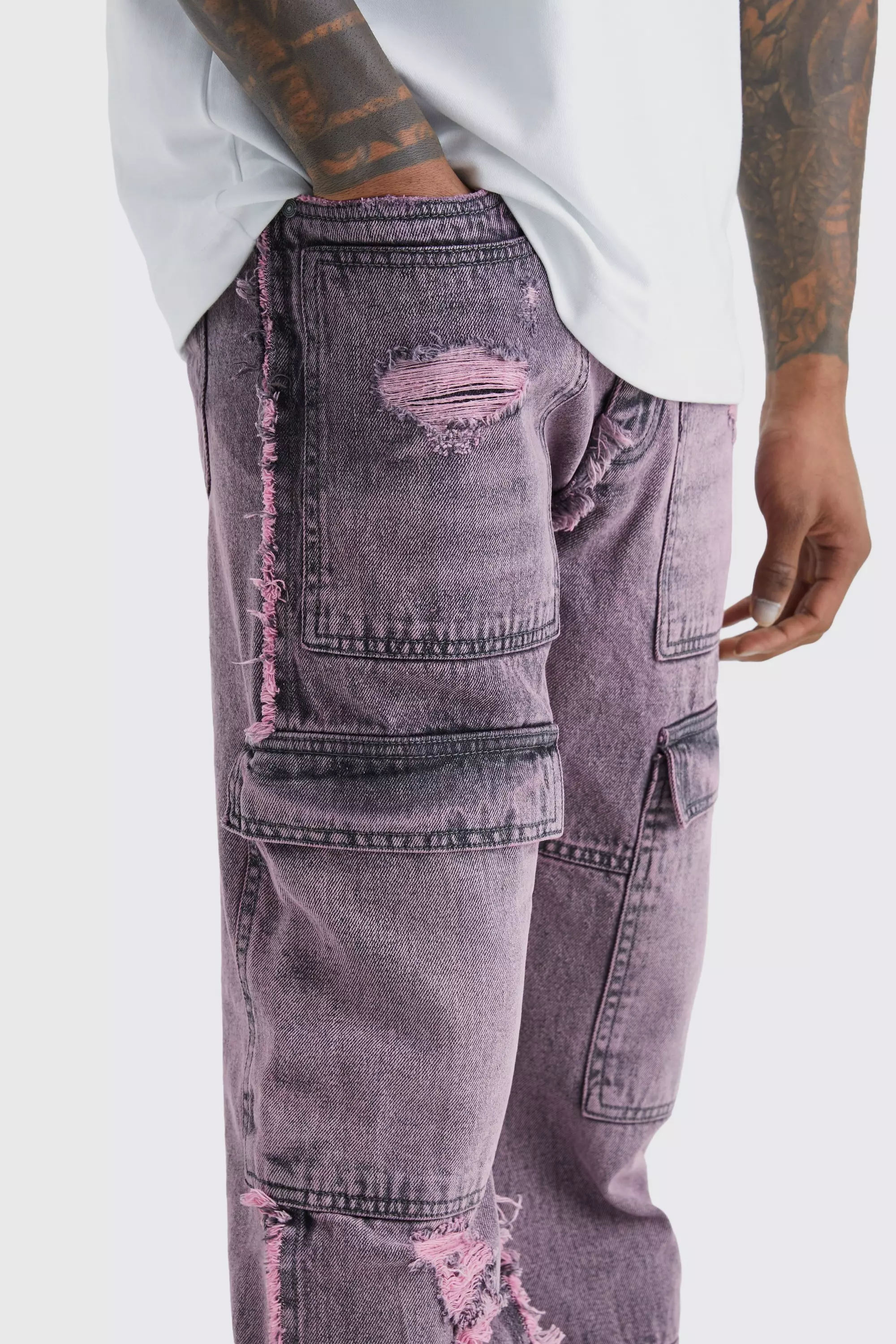 Relaxed Rigid Flare Frayed Edge Cargo Jeans