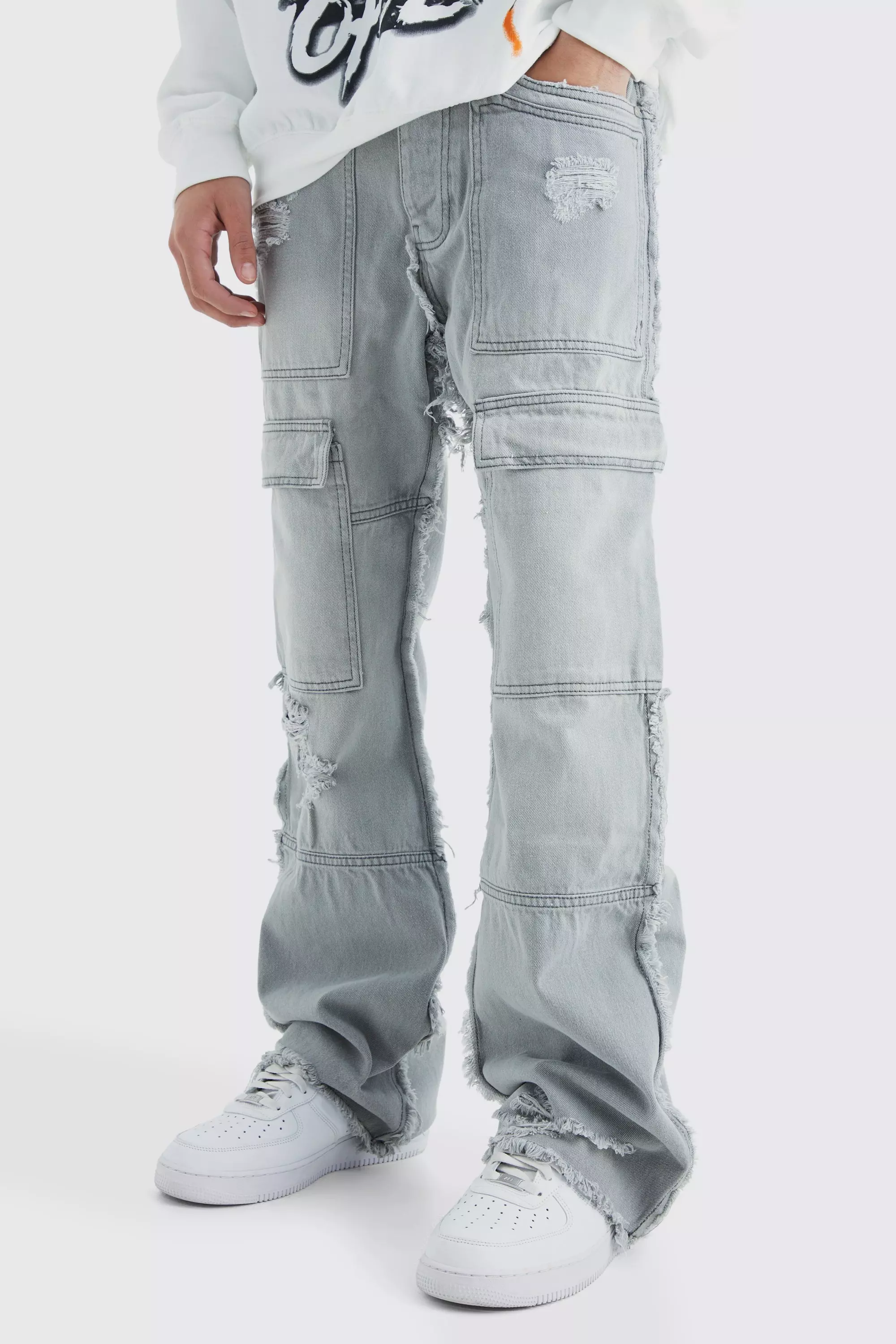 Distressed Denim Cargo Flare Jeans