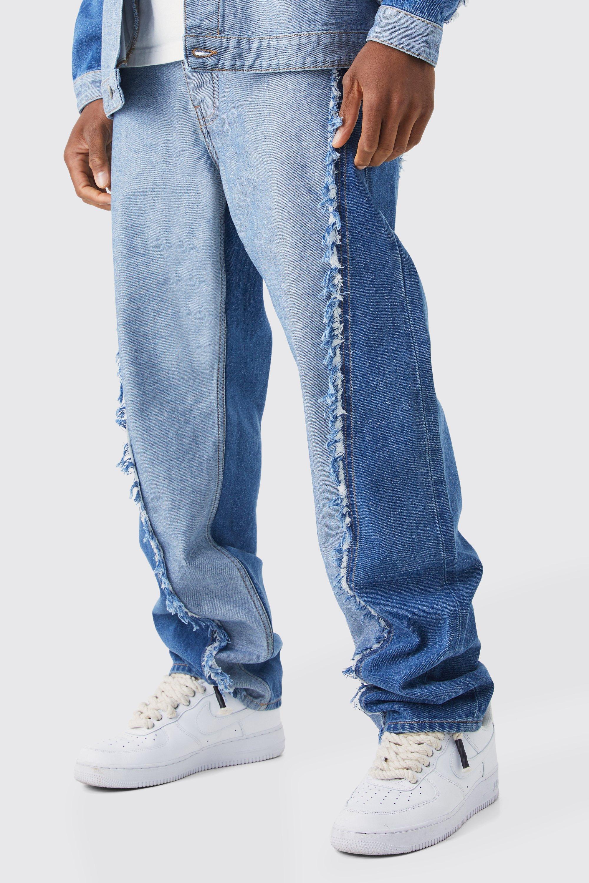 Mens Blue Relaxed Rigid Spliced Frayed Edge Jeans, Blue