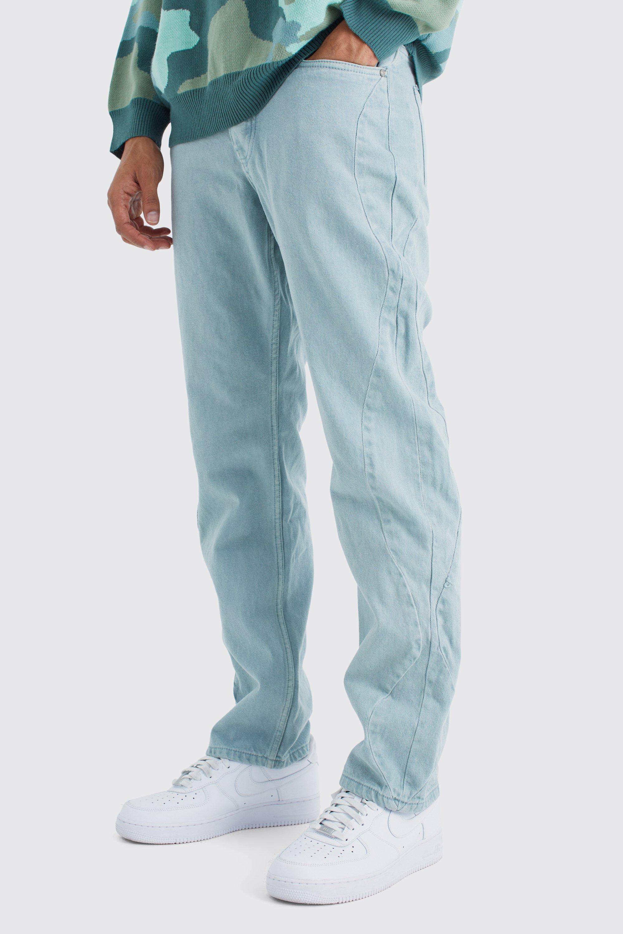 Image of Jeans rilassati sovratinti in denim rigido con cuciture curve laterali, Azzurro