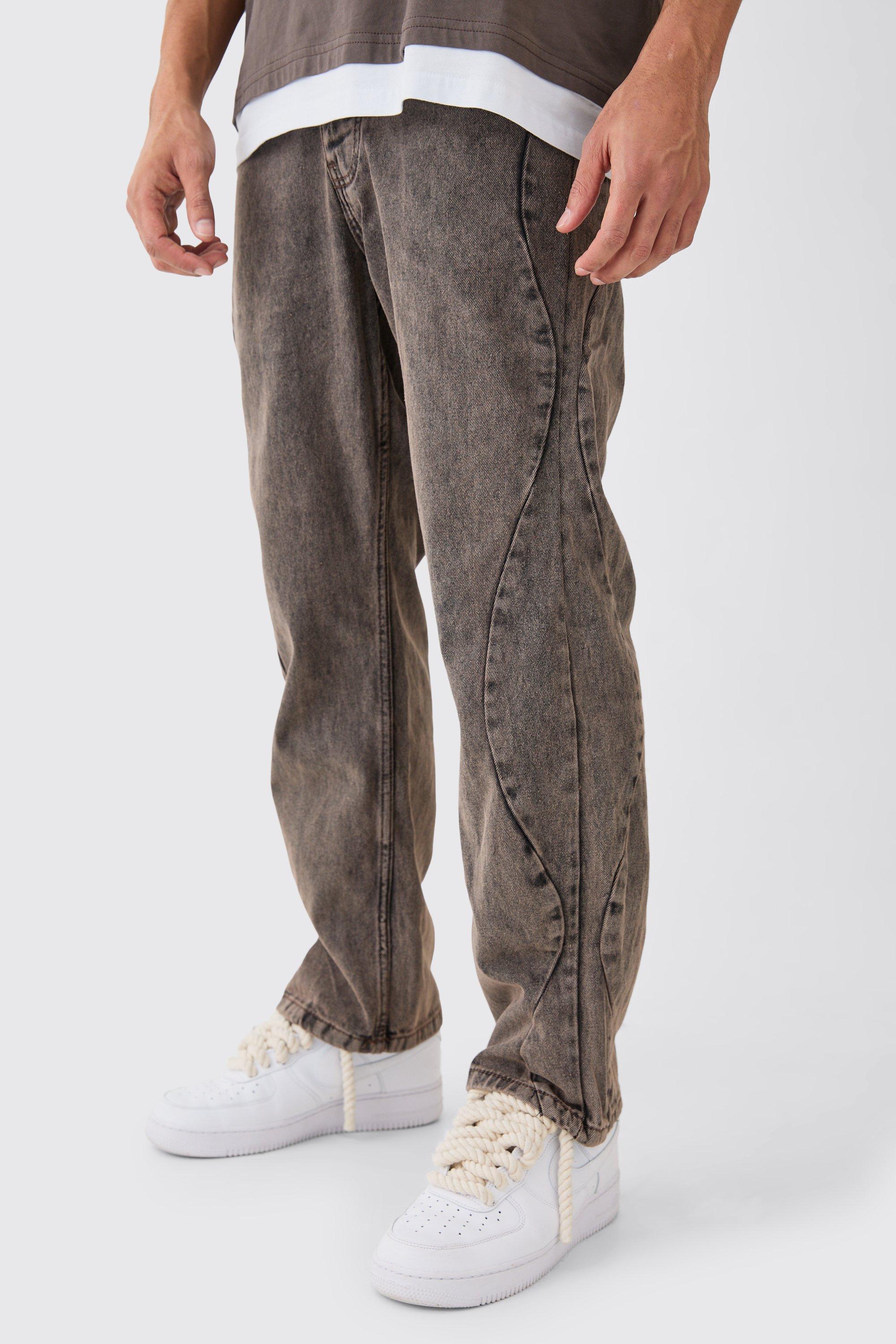 Image of Jeans rilassati sovratinti in denim rigido con cuciture curve laterali, Brown