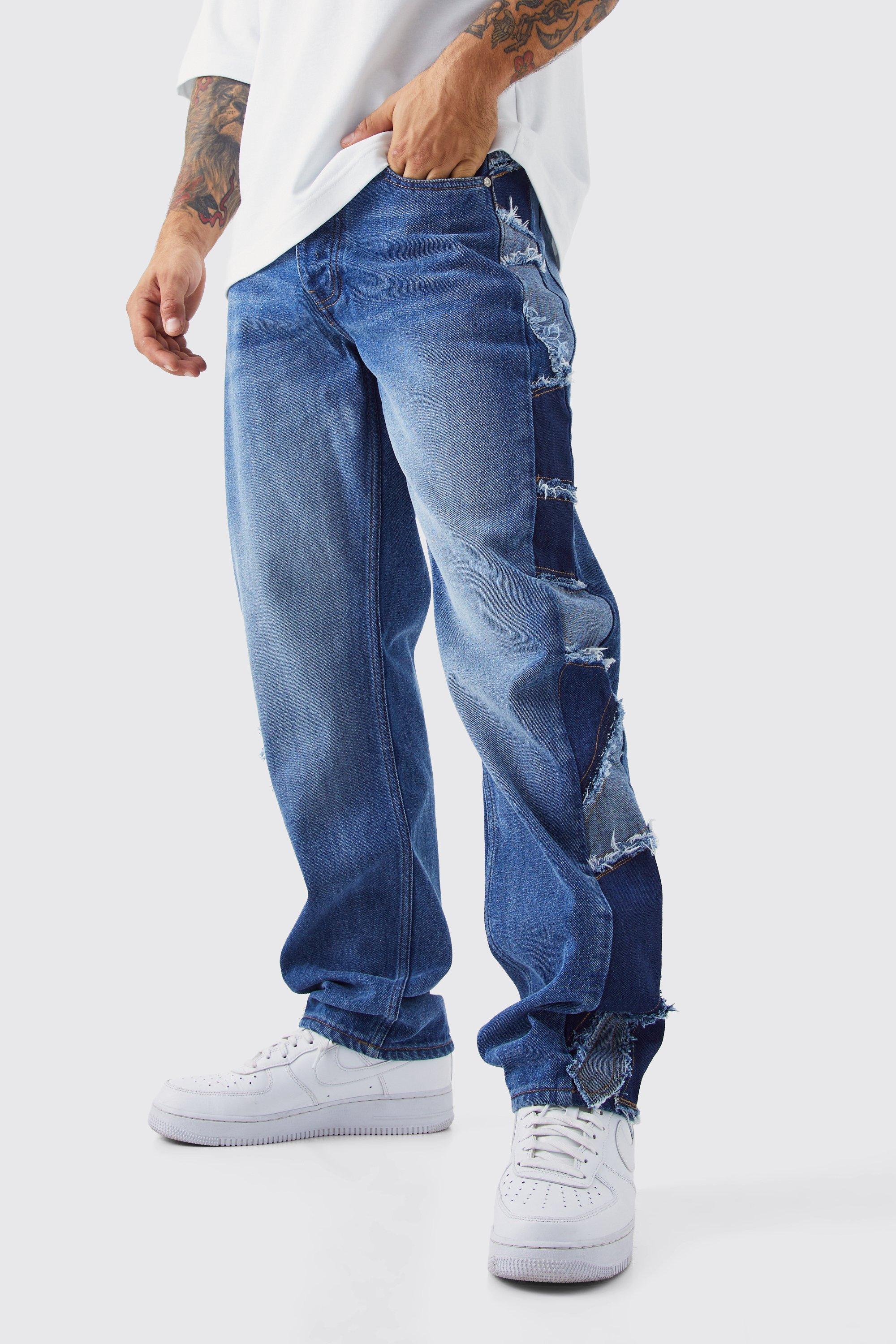 Mens Blue Relaxed Rigid Patchwork Side Panel Jeans, Blue