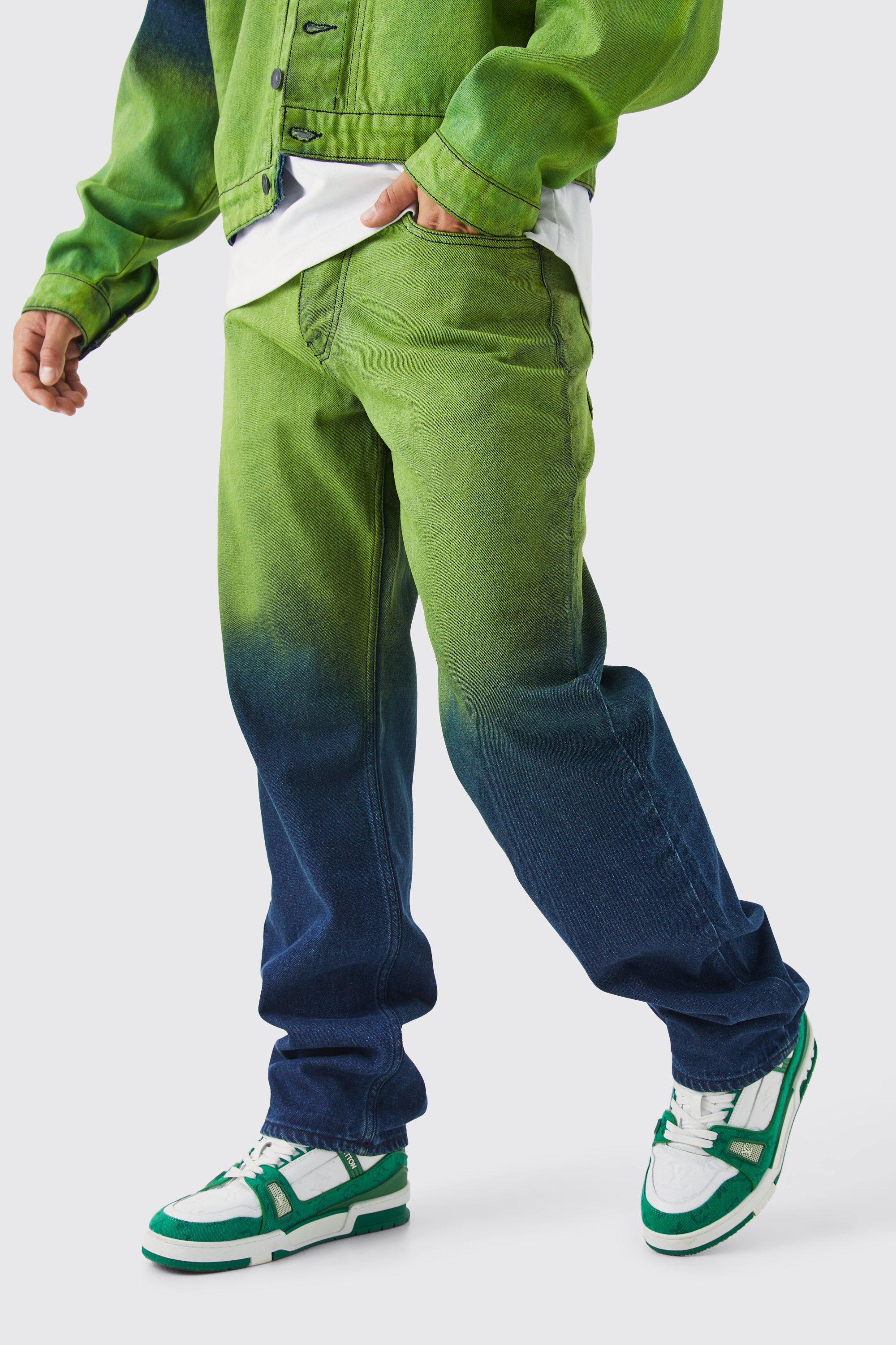 Mens Green Relaxed Rigid Ombre Jeans, Green
