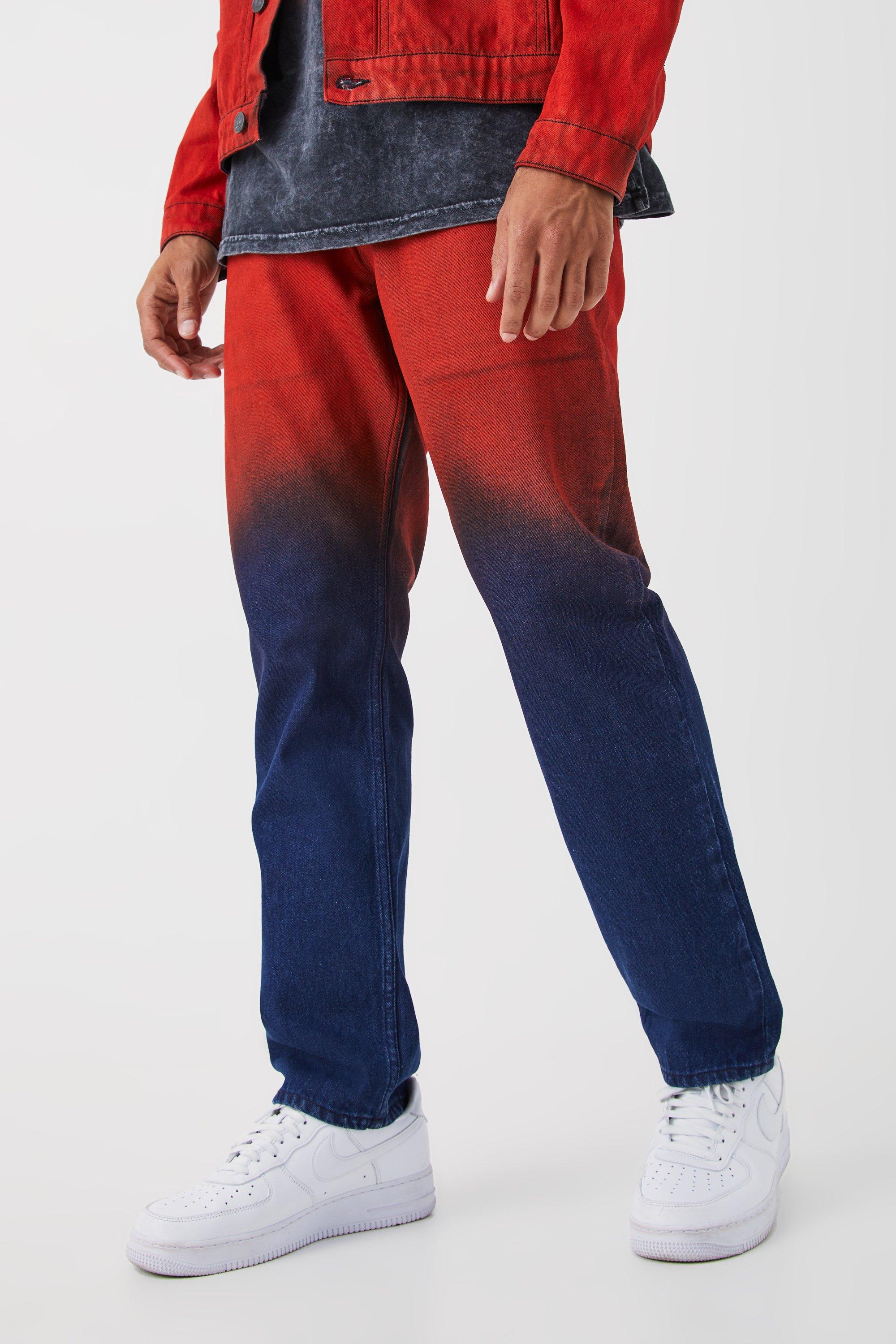 Mens Red Straight Rigid Ombre Jeans, Red