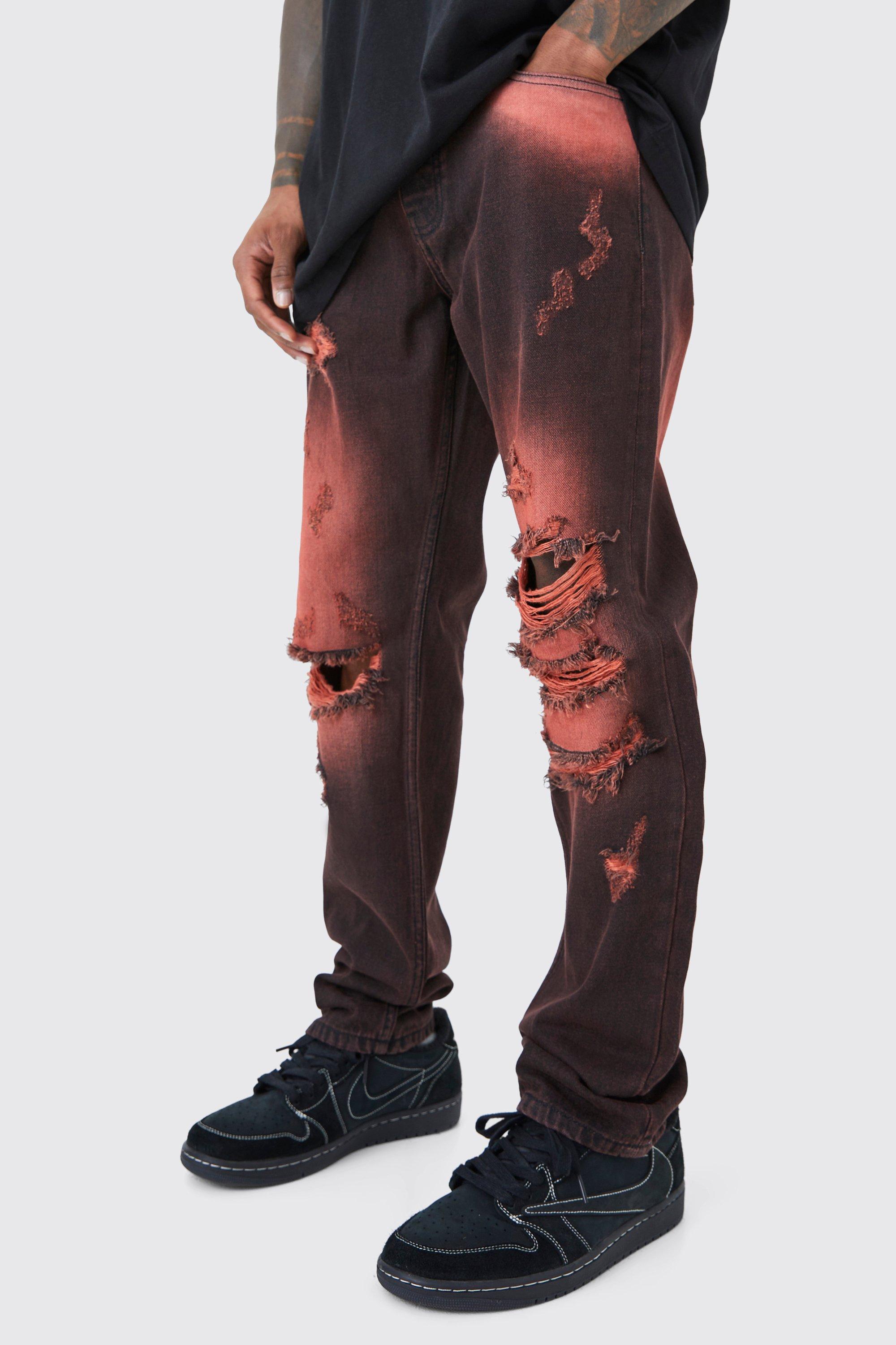 Mens Red Straight Rigid Tinted Bleached Ripped Jeans, Red