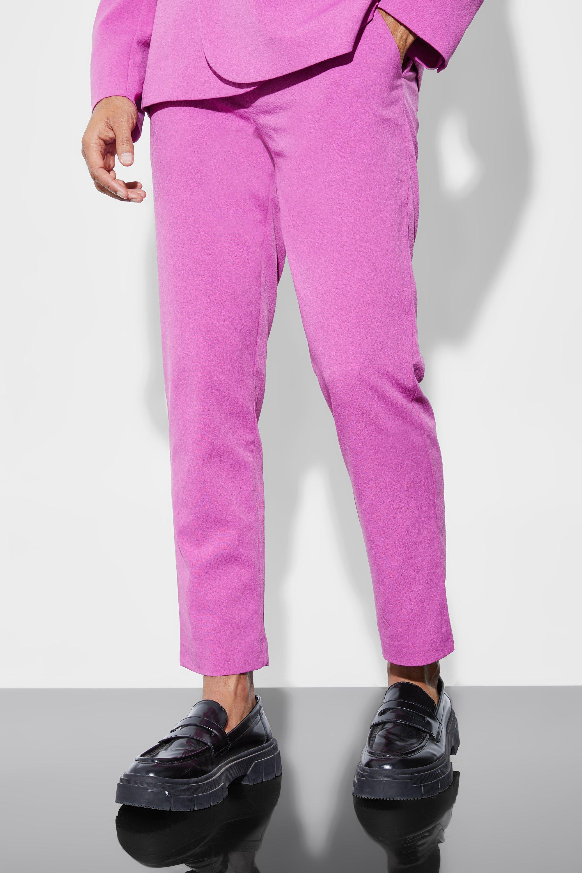 Mens Pink Slim Crop Crinkle Suit Trousers, Pink
