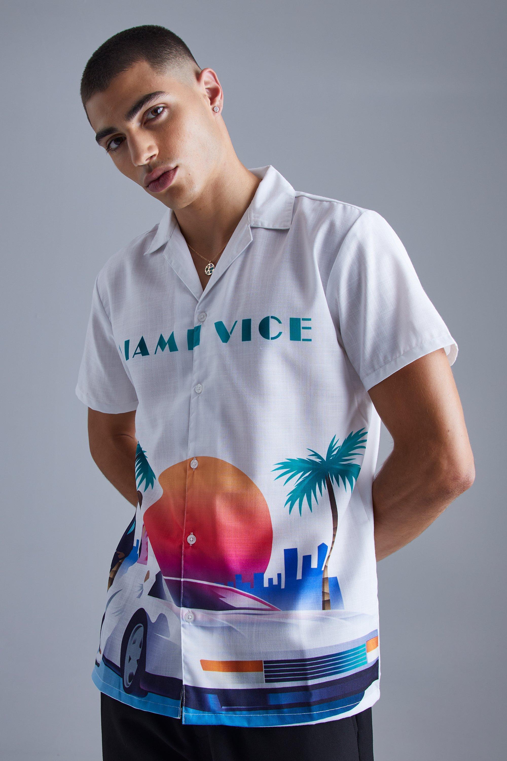Mens White Short Sleeve Miami Vice Revere Shirt, White