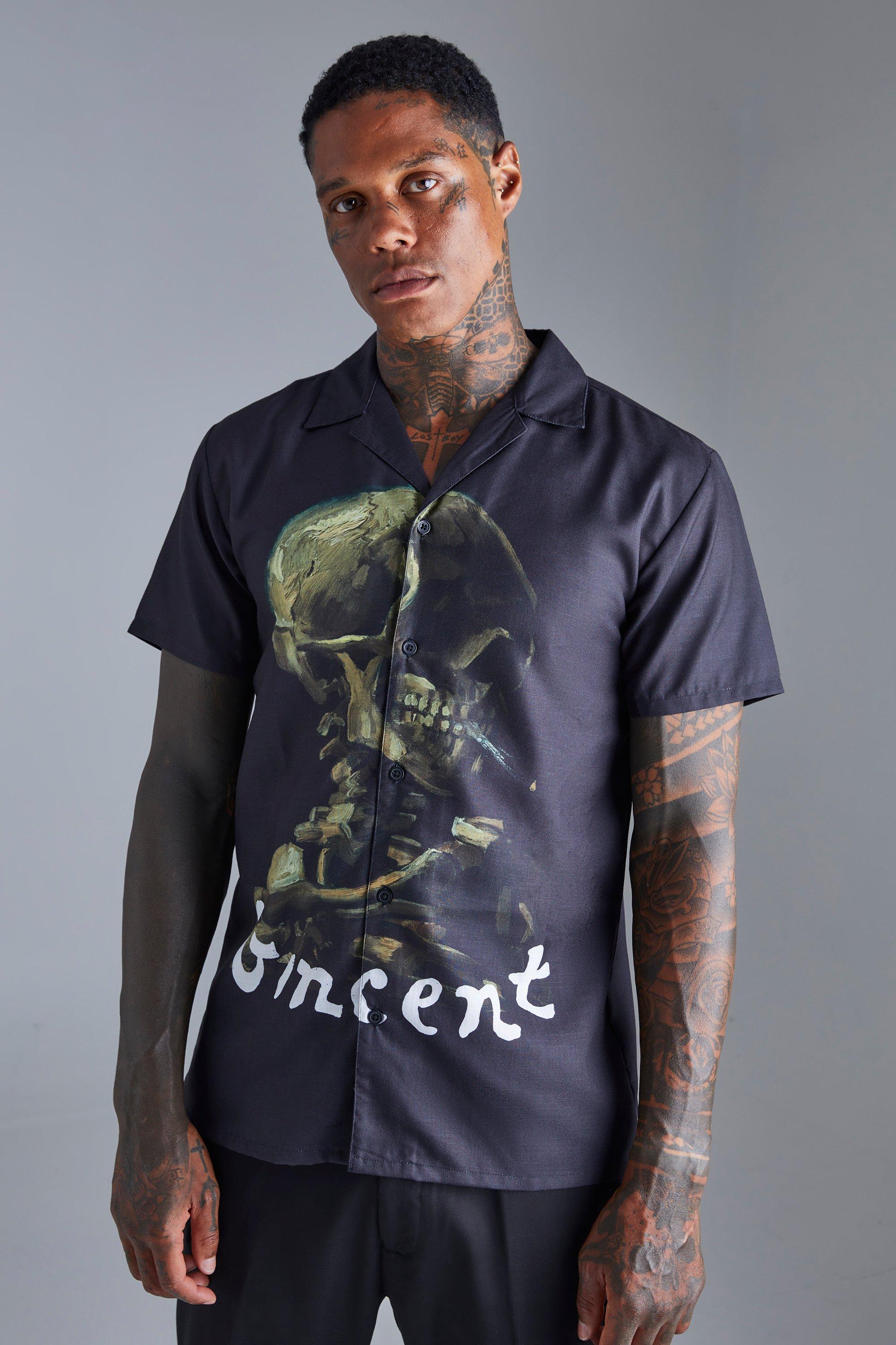 Mens Black Short Sleeve Vincent Van Gogh Revere Shirt, Black