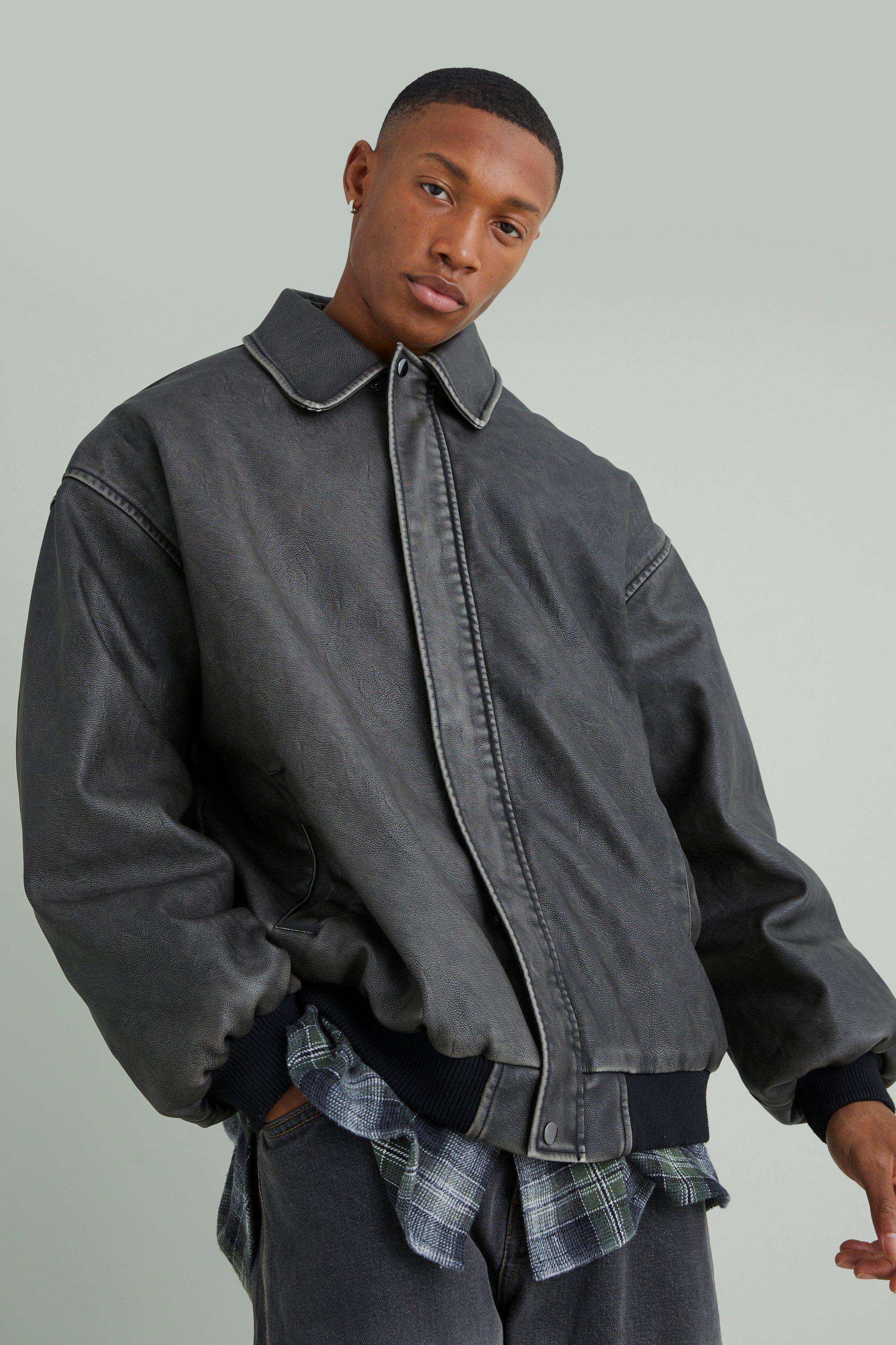 Mens Grey Oversized Distressed Pu Bomber With Panel, Grey