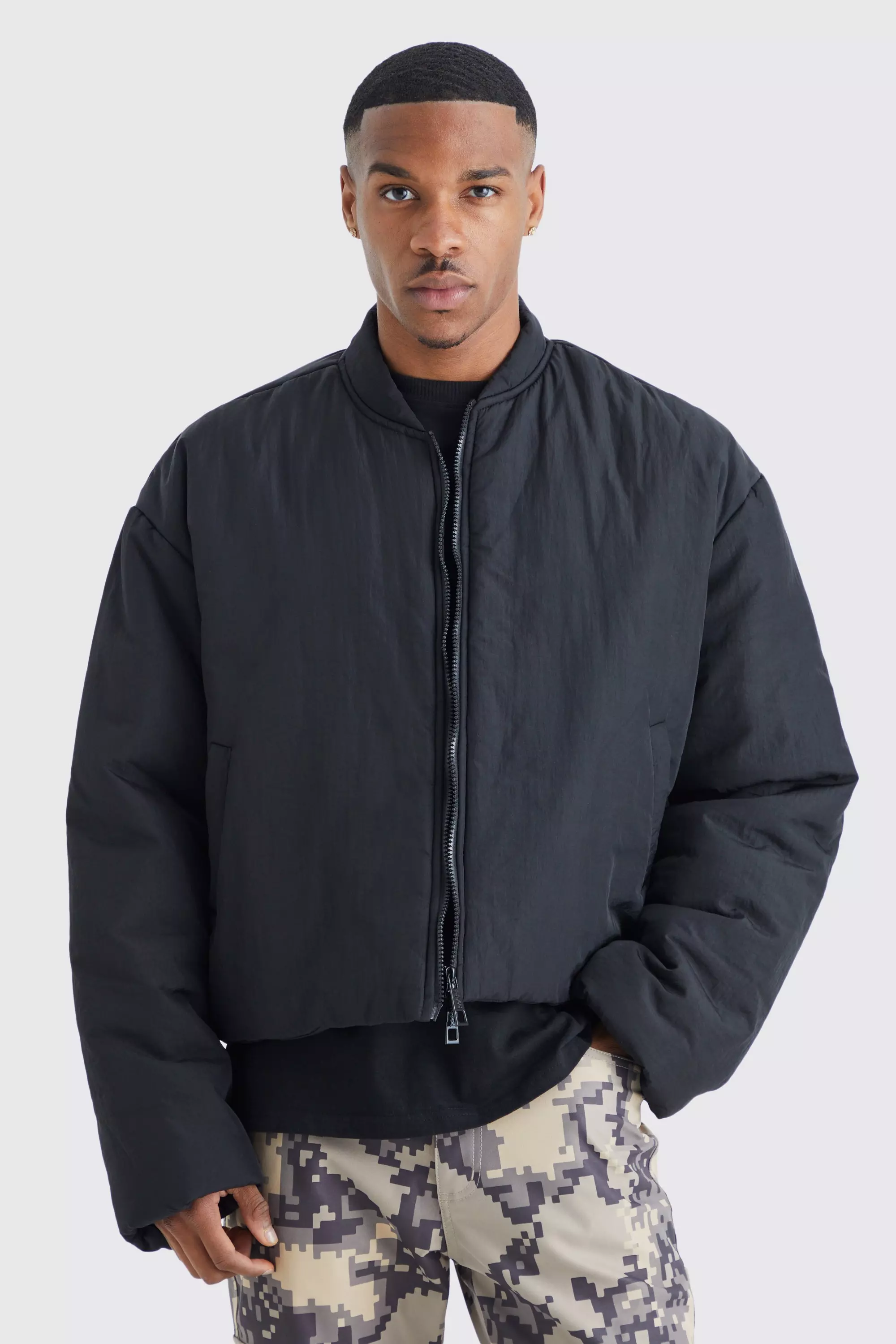 Boxy Crinkle Nylon Puffer Bomber | boohooMAN USA