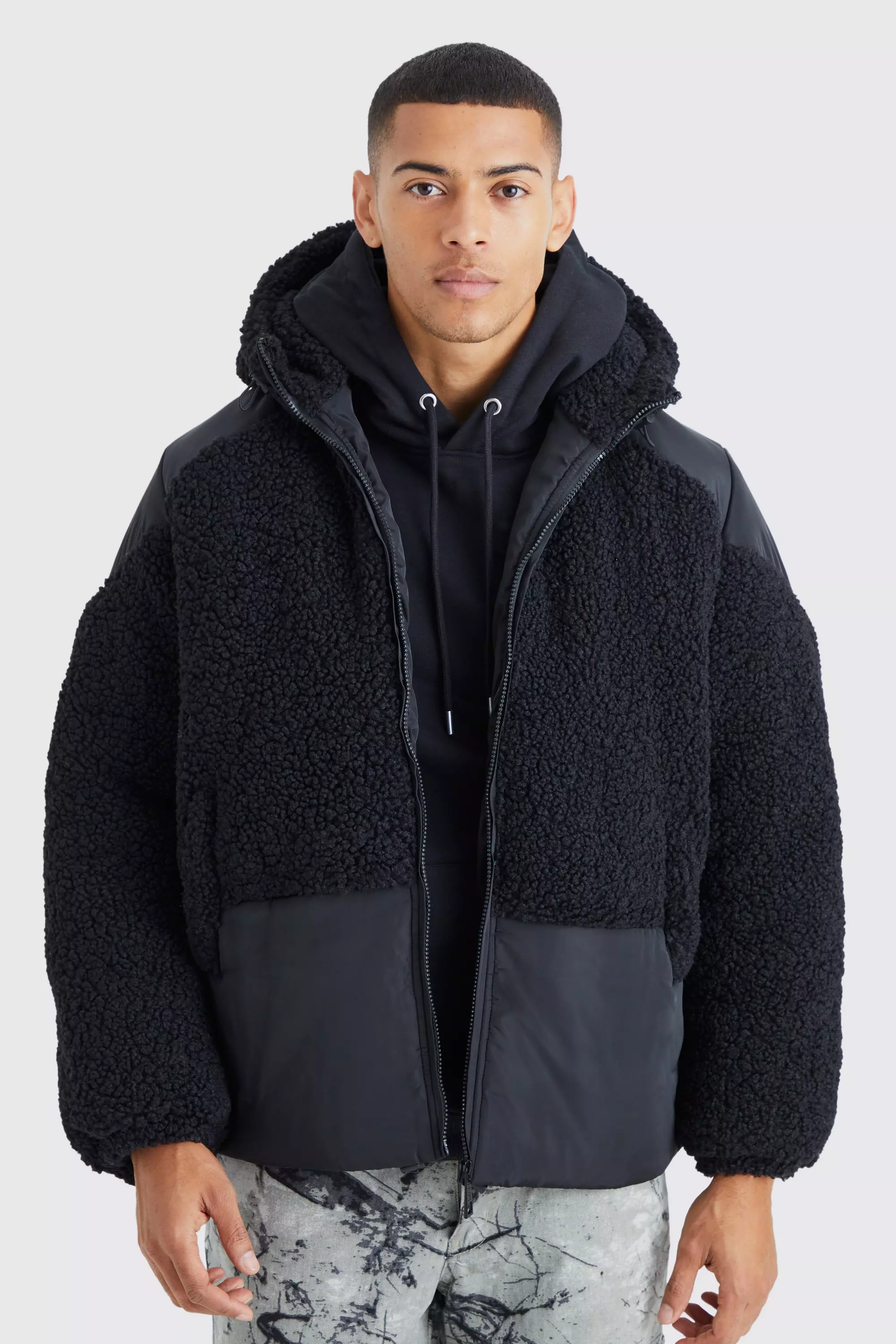 Borg & Nylon Mix Puffer | boohooMAN UK