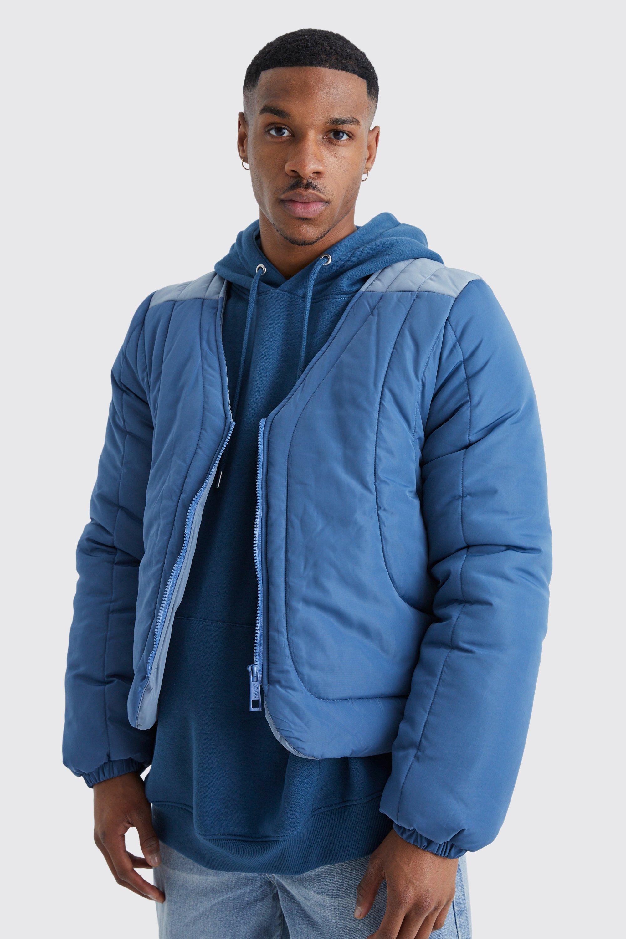Mens Blue Boxy Curved Quilted Puffer, Blue