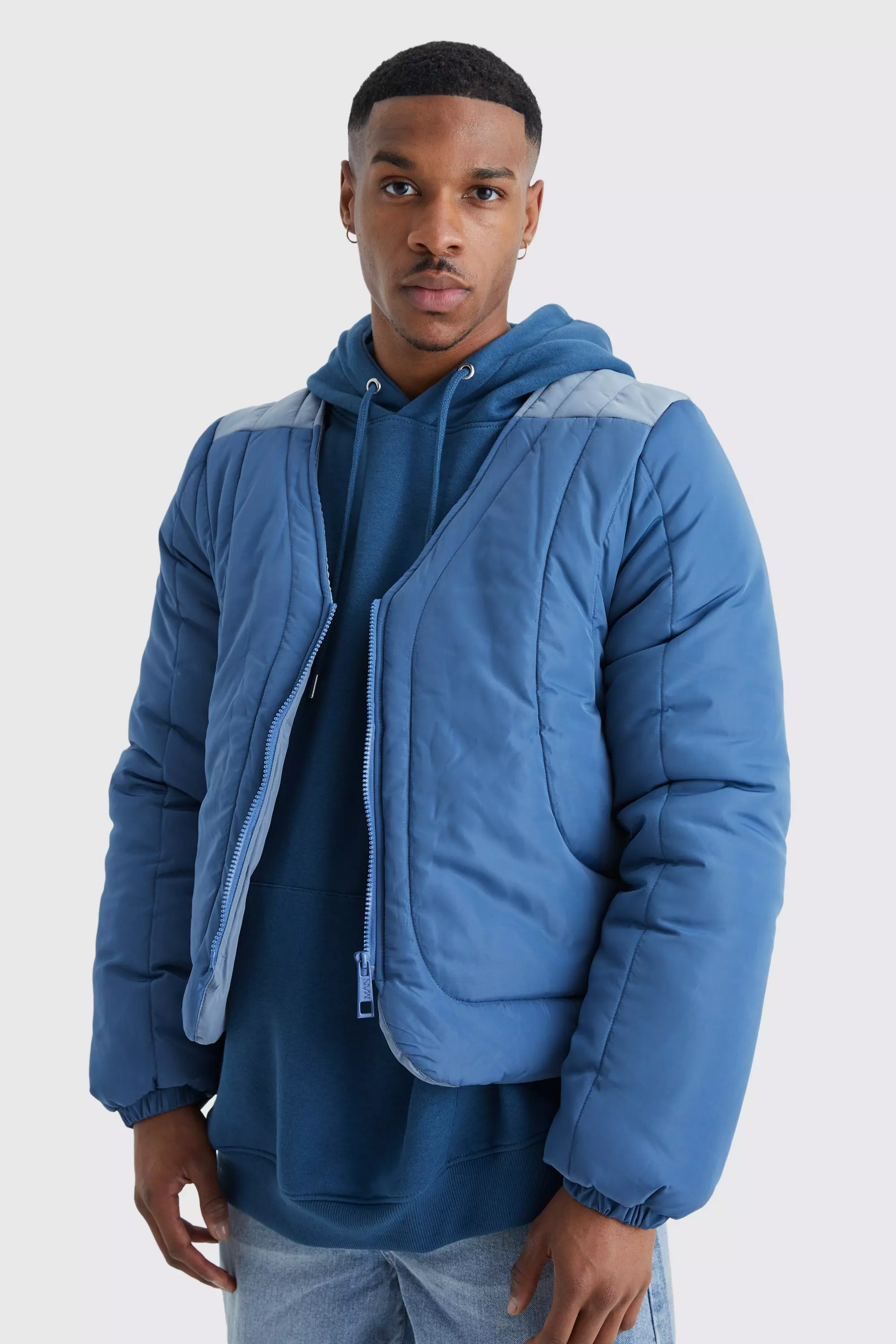 Boxy Curved Quilted Puffer | boohooMAN UK