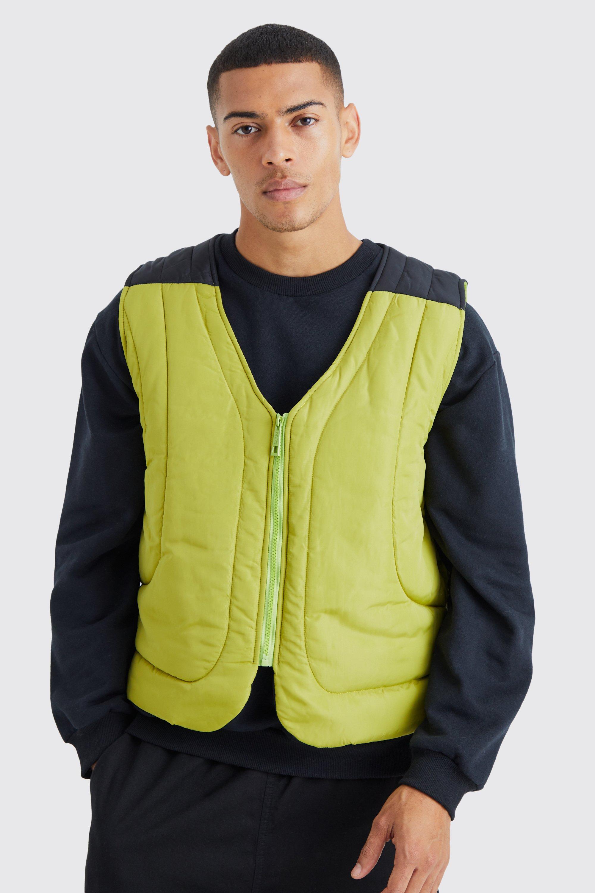 Mens Green Boxy Curved Quilted Gilet, Green