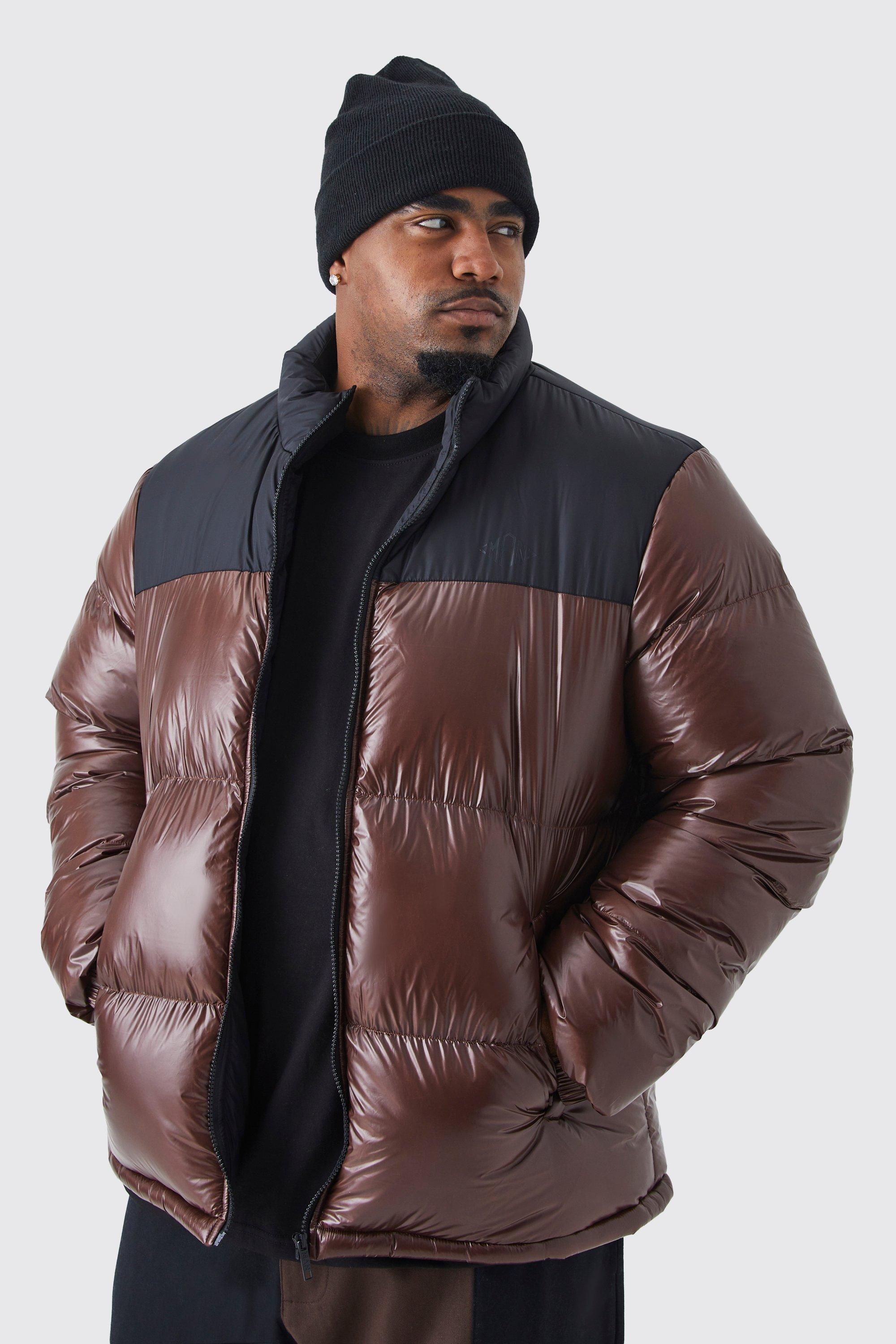 Mens Brown Plus Man High Shine Colour Block Puffer, Brown
