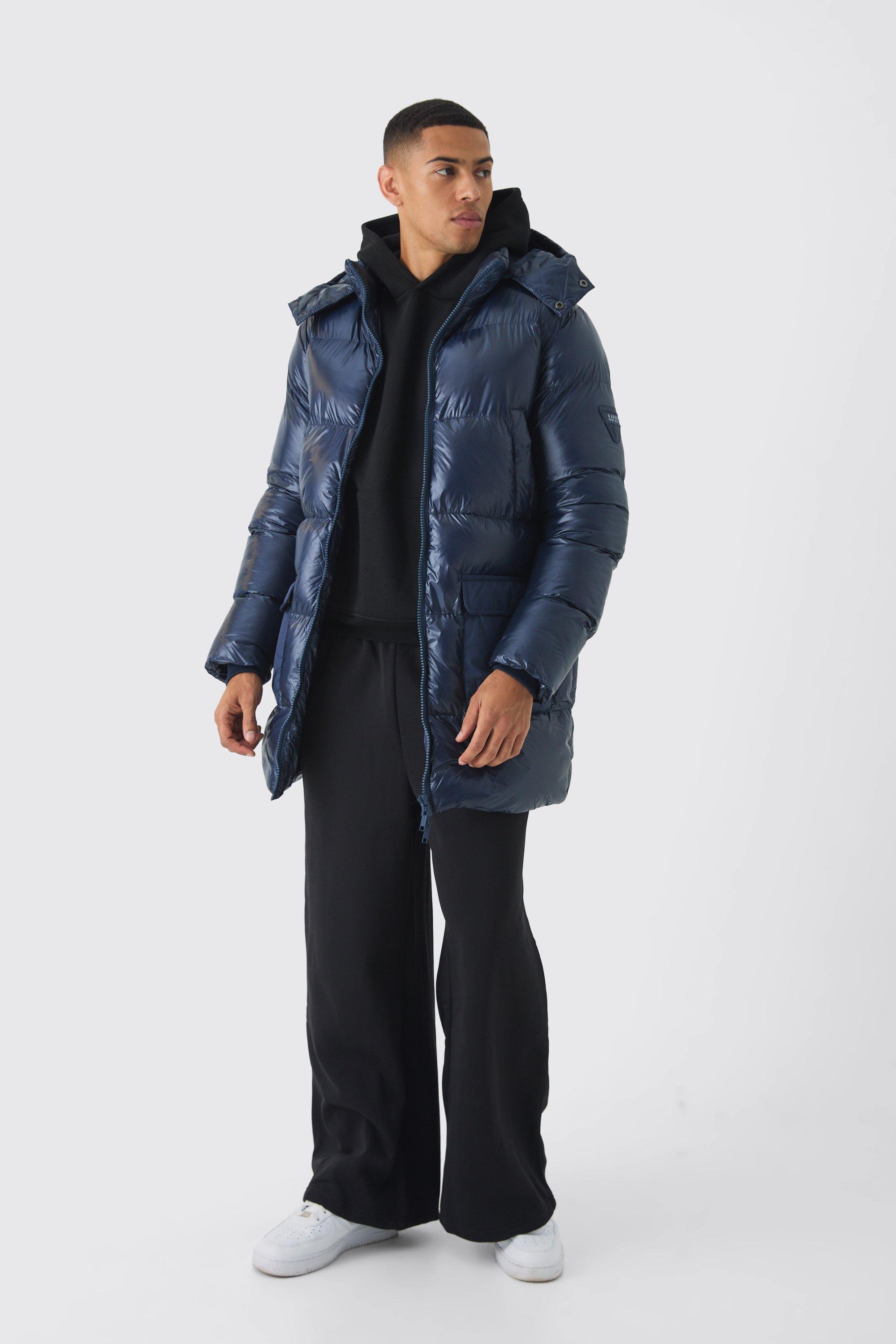 Mens Navy High Shine & Nylon Mid Length Puffer, Navy