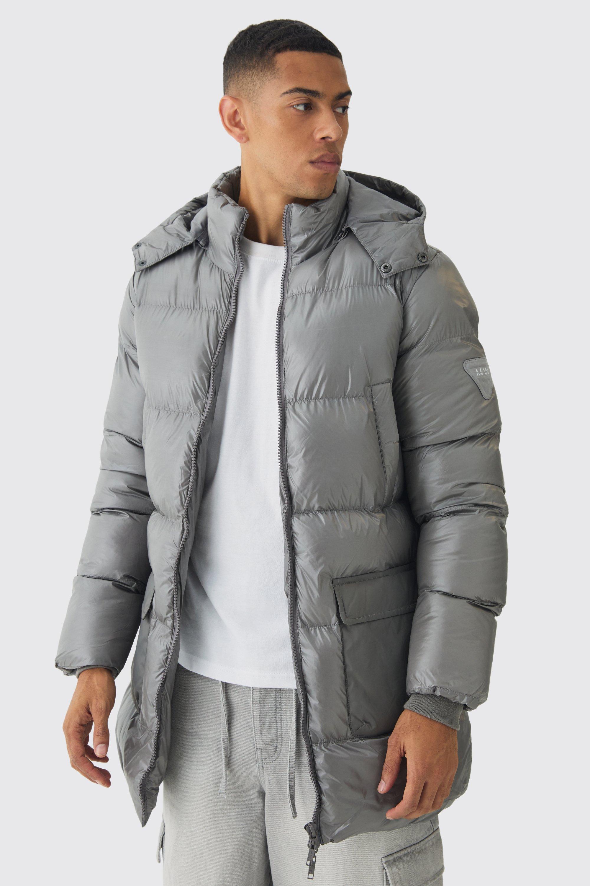 Mens Grey High Shine & Nylon Mid Length Puffer, Grey