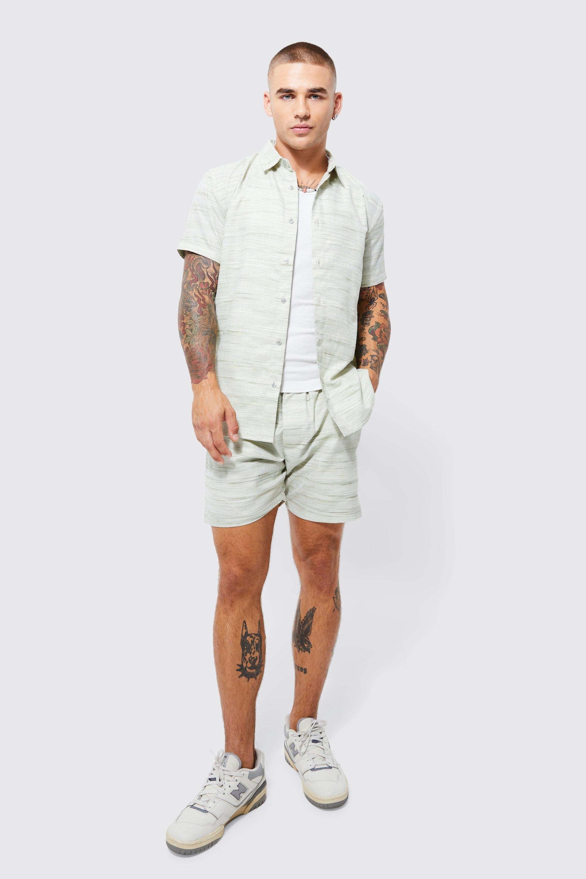 Mens Green Short Sleeve Contrast Linen Slub Shirt & Short, Green