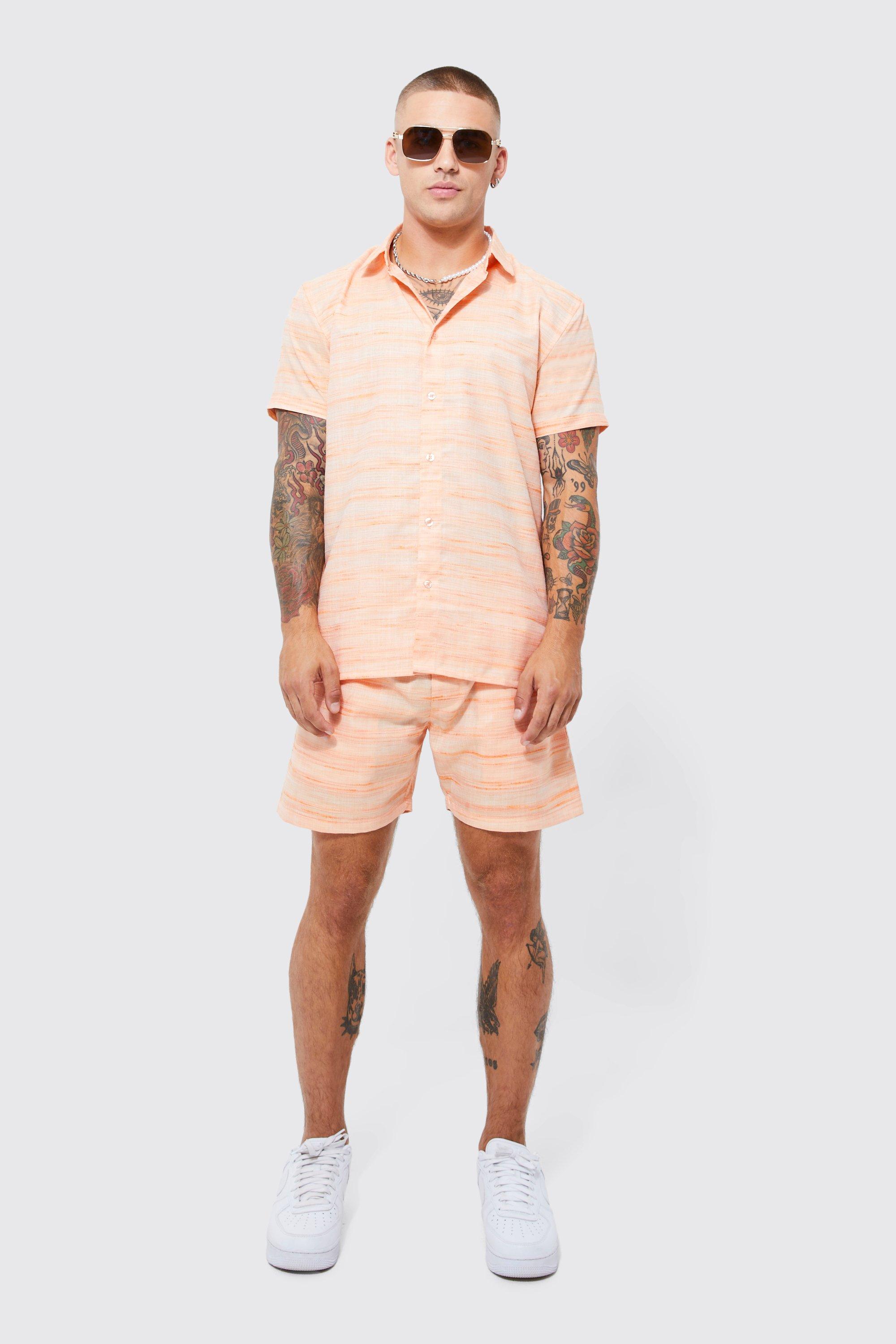 Mens Orange Short Sleeve Contrast Linen Slub Shirt & Short, Orange