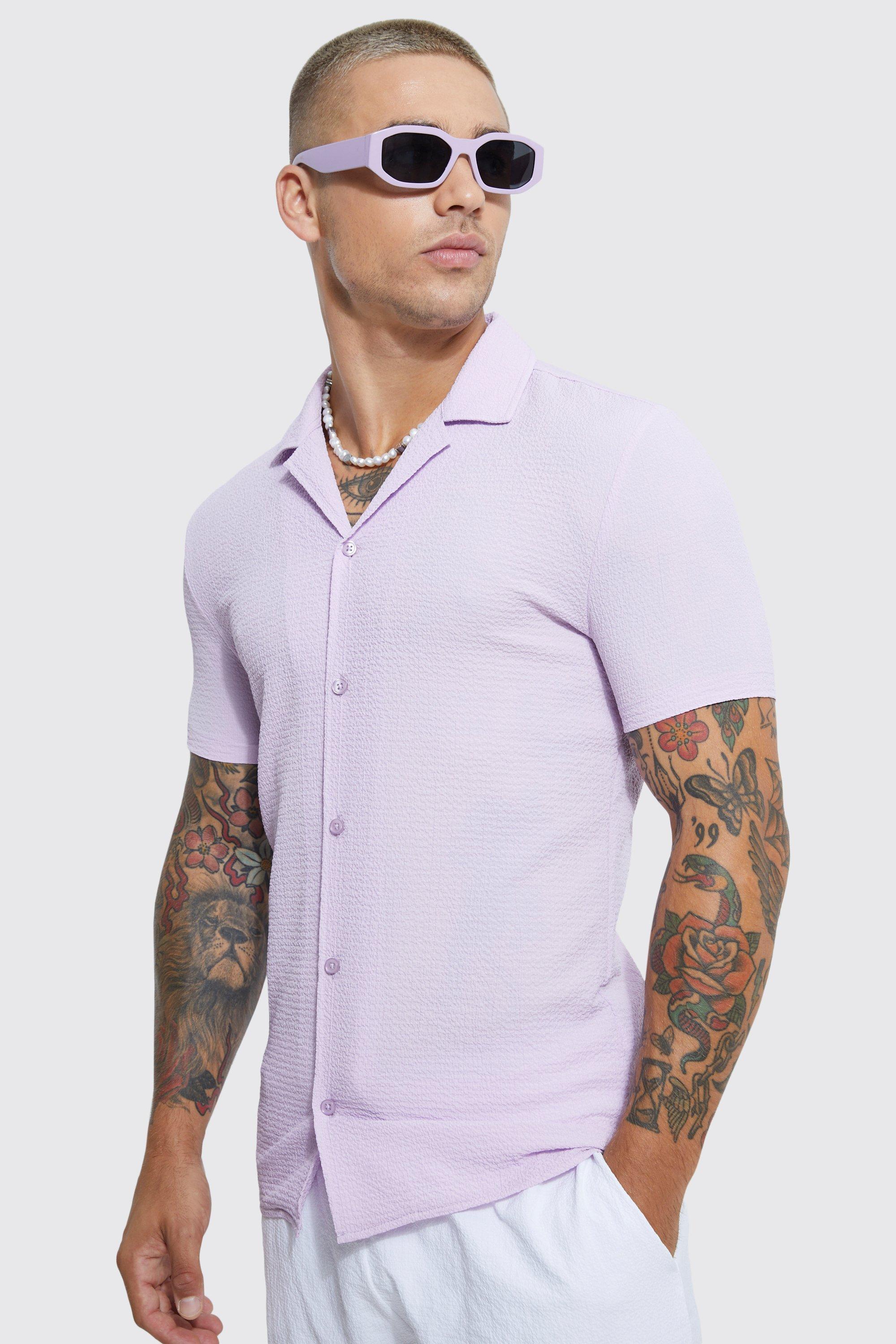 Mens Purple Short Sleeve Muscle Fit Crinkle Shirt, Purple