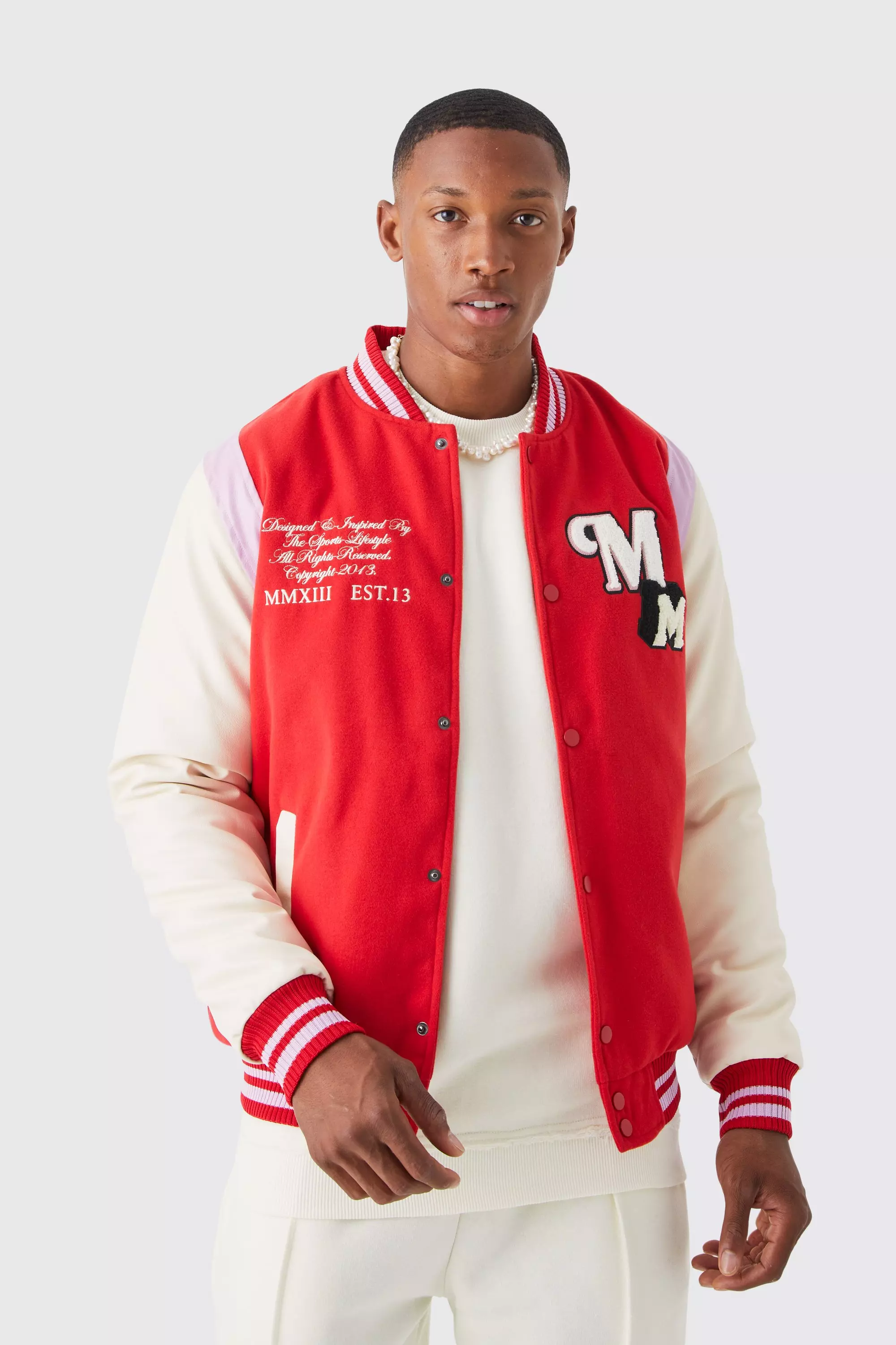 Melton & Pu M Badge Varsity Jacket | boohooMAN USA