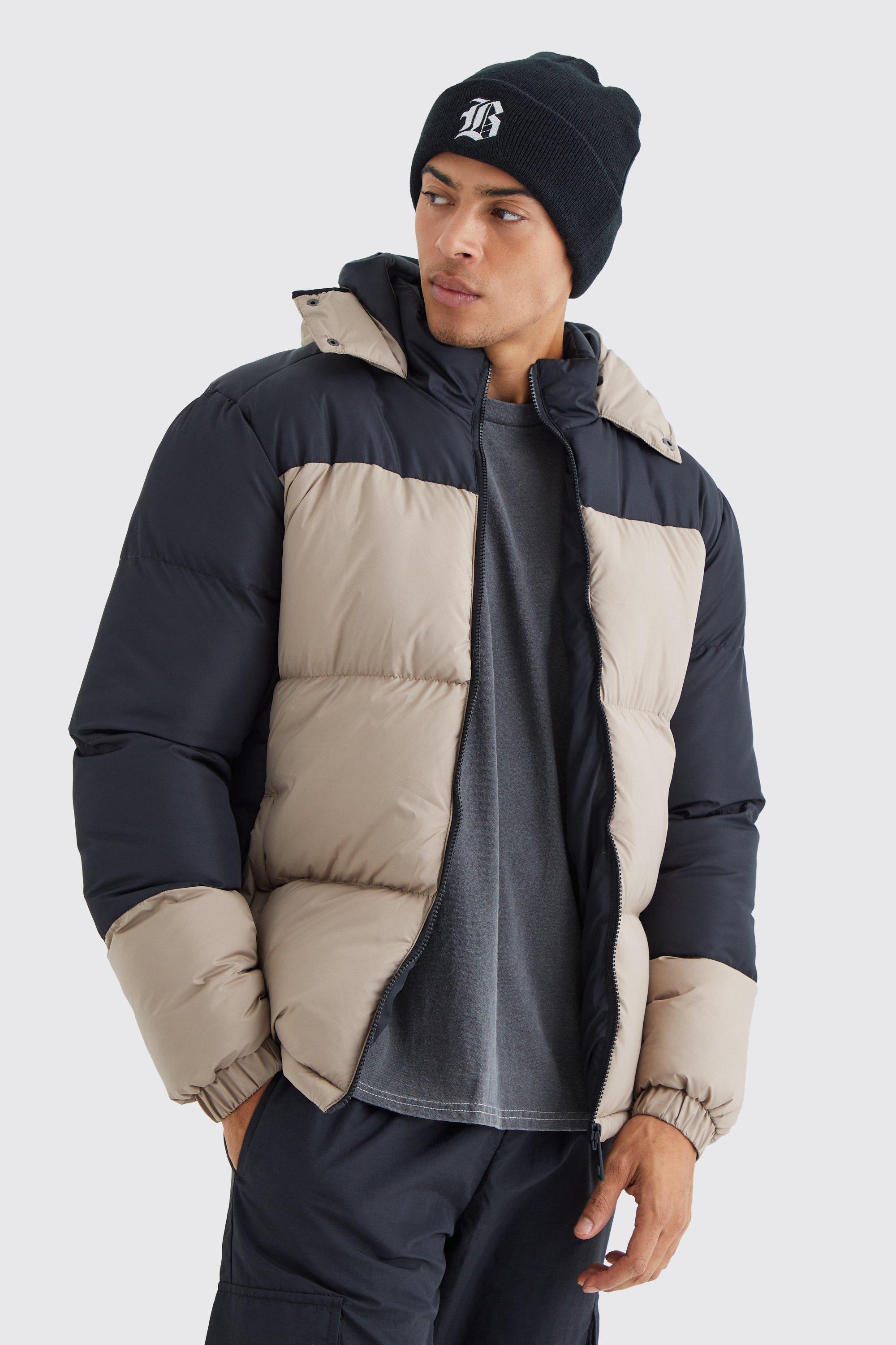 Mens Beige Colour Block Quilted Puffer With Hood, Beige