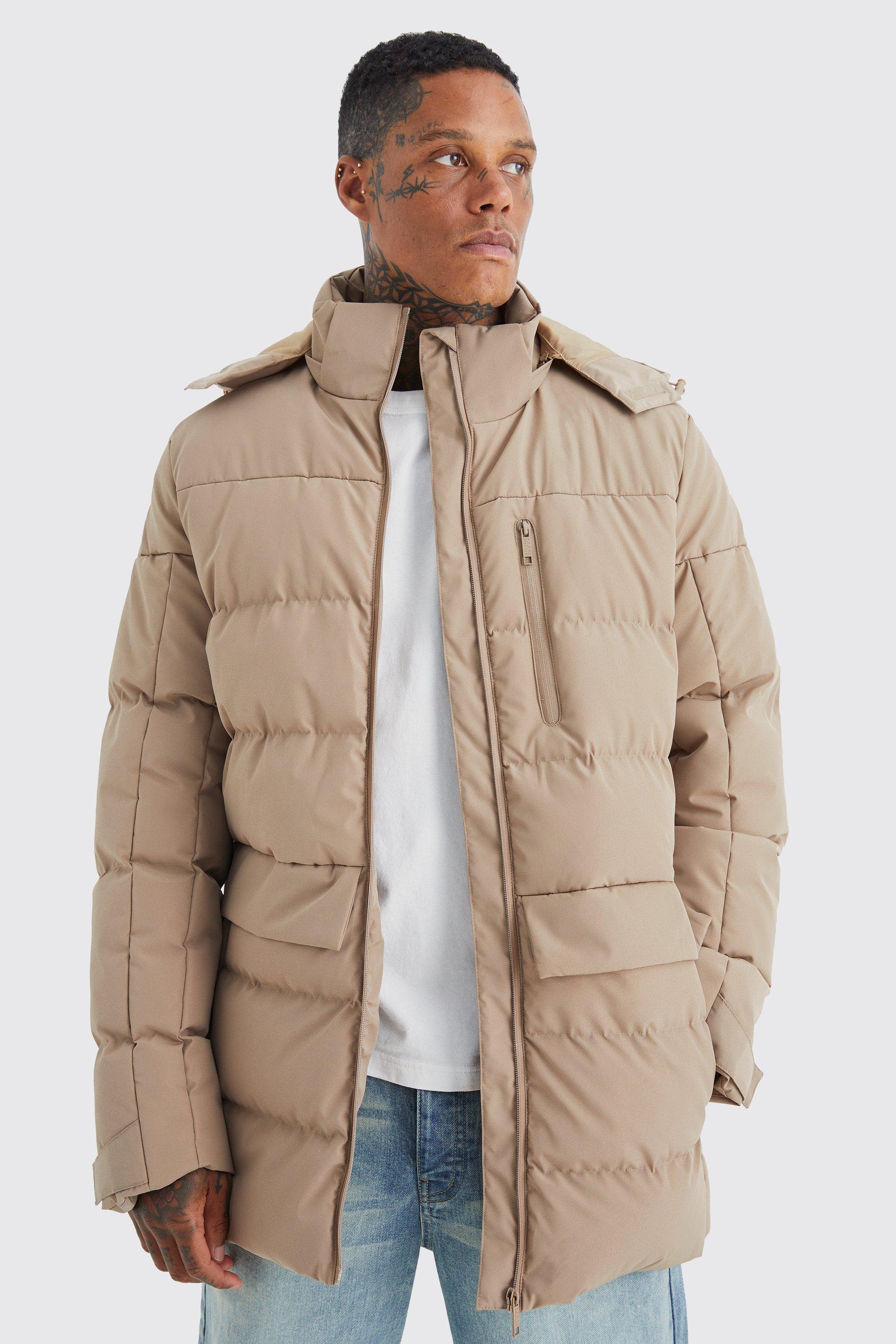 Mens Beige Longline Quilted Puffer With Hood, Beige