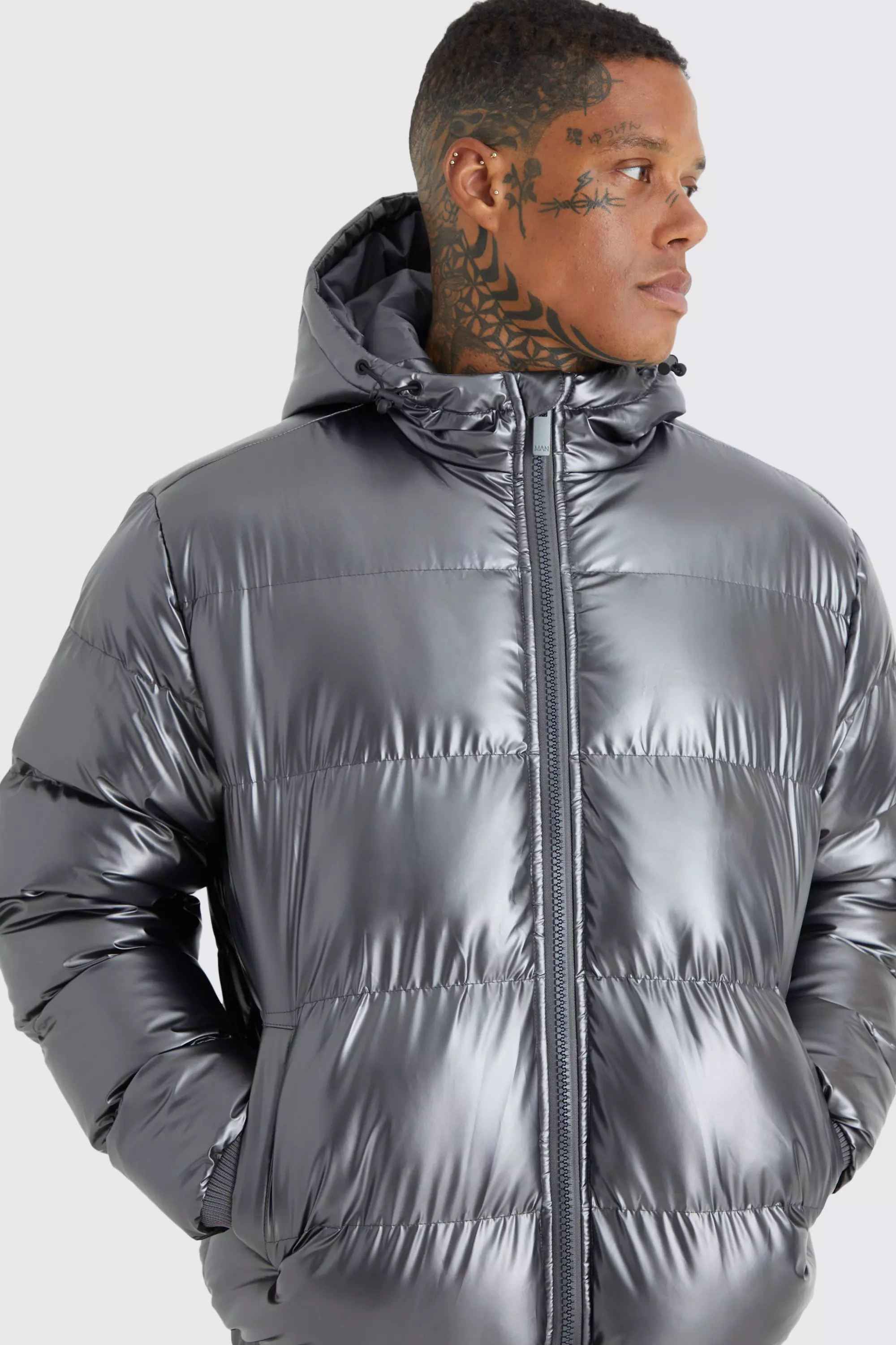 Metallic grey puffer store jacket