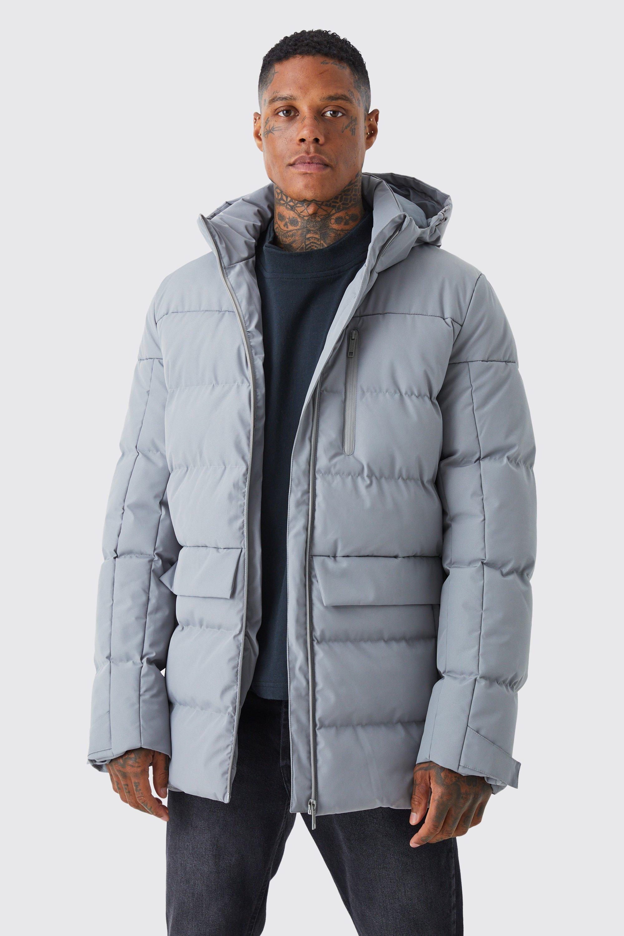 Mens Grey Longline Quilted Puffer With Hood, Grey