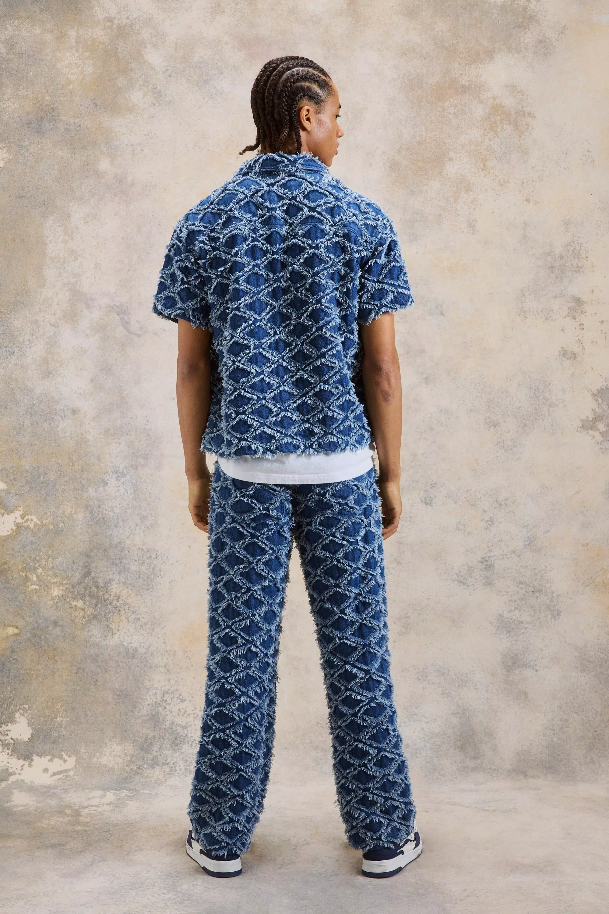 boohooMAN Boxy Fit Diamond Jacquard Denim Shirt - Blue - Size S