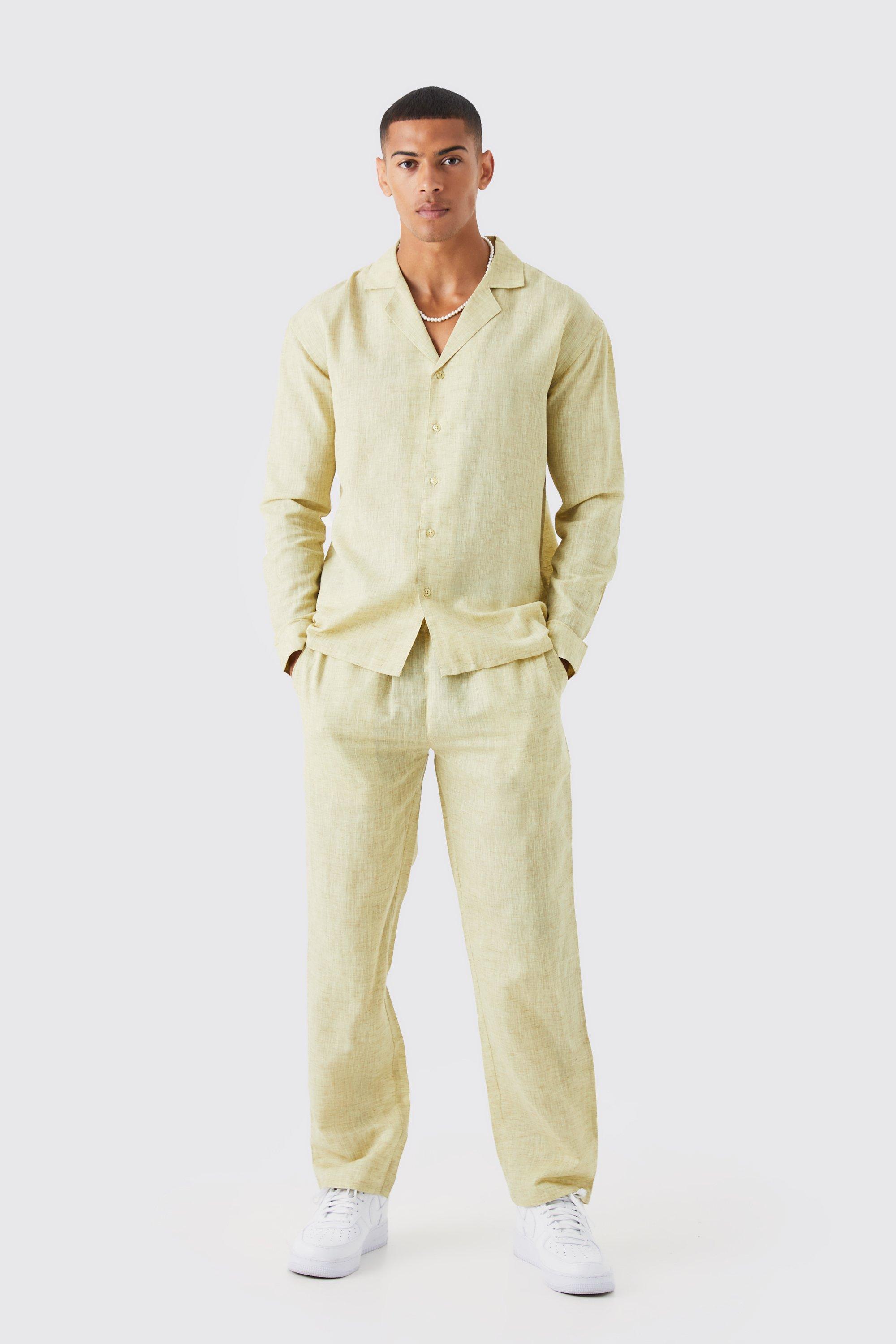 Mens Beige Long Sleeve Dropped Revere Linen Look Shirt & Trouser, Beige